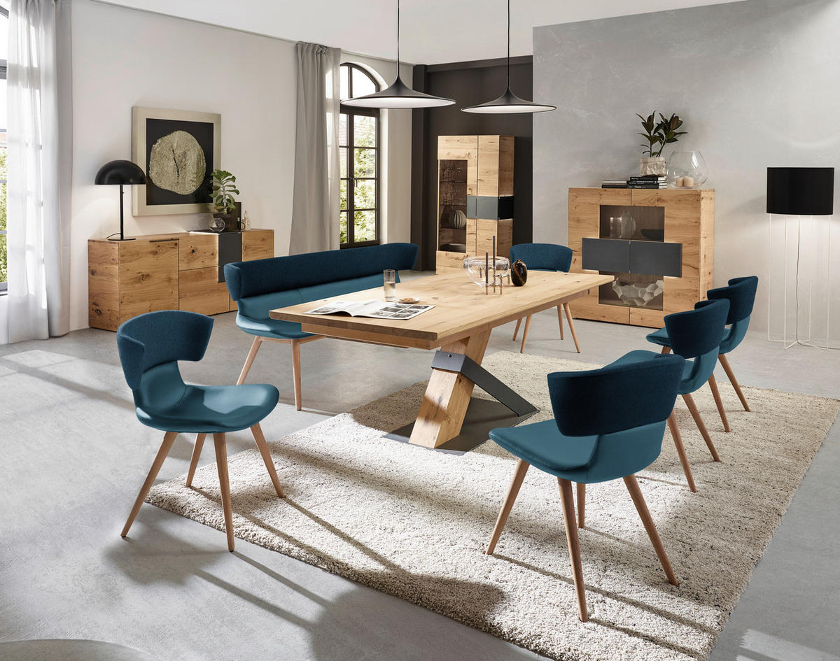 SITZBANK 150/84,5/64,5 cm  in Blau, Eichefarben  - Blau/Eichefarben, Natur, Leder/Holz (150/84,5/64,5cm) - Voglauer