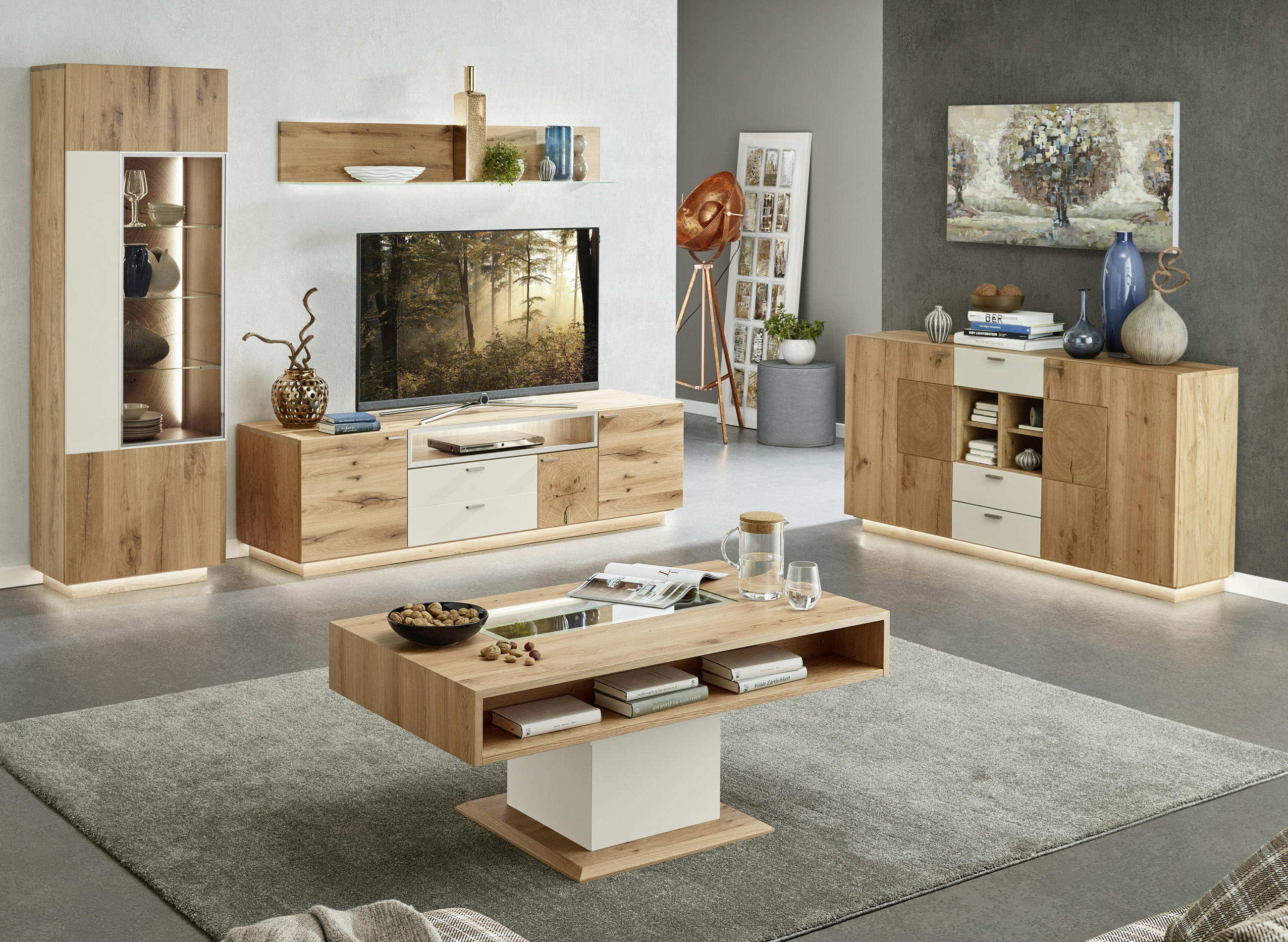 WOHNWAND Asteiche furniert Eichefarben, Champagner Befestigungsmaterial, Einlegeböden - Champagner/Eichefarben, KONVENTIONELL, Glas/Holz (271/200/55cm) - Voleo