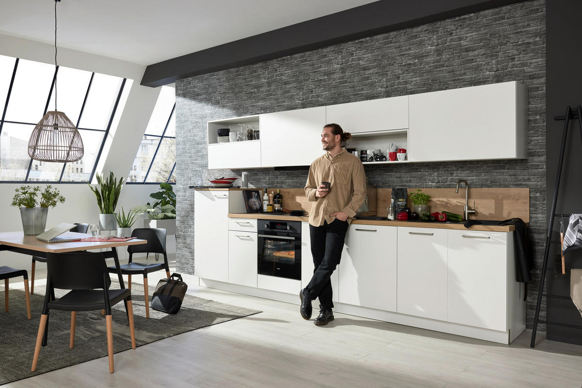 KÜCHENLEERBLOCK 360 cm   in Weiß, Eichefarben  - Edelstahlfarben/Eichefarben, Design, Holzwerkstoff/Metall (360cm) - Nolte Küchen