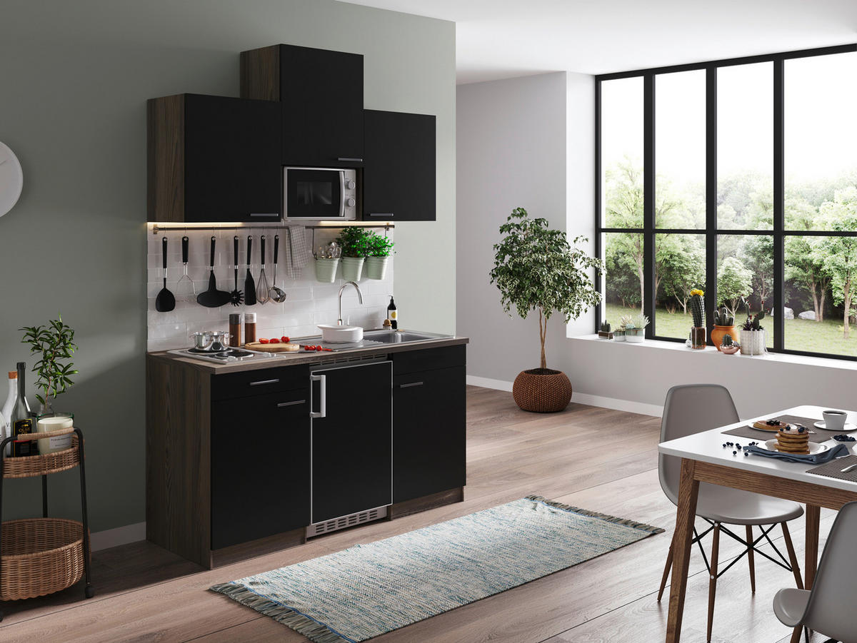 MINIKÜCHE 150 cm   in Schwarz  - Eichefarben/Alufarben, Basics, Holzwerkstoff/Kunststoff (150cm) - Respekta