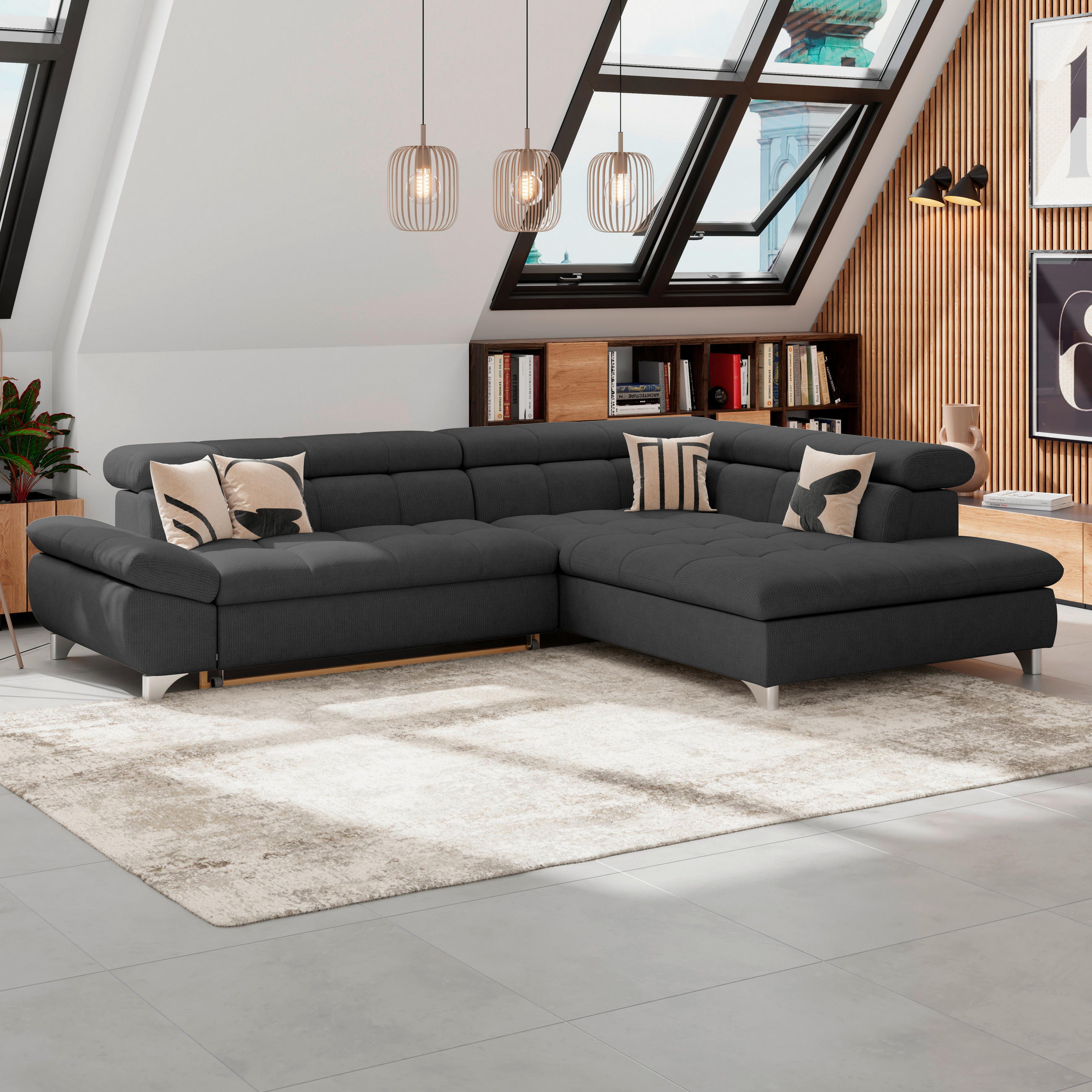 ECKSOFA Schwarz Chenille  - Chromfarben/Schwarz, KONVENTIONELL, Textil/Metall (312/234cm) - Livetastic