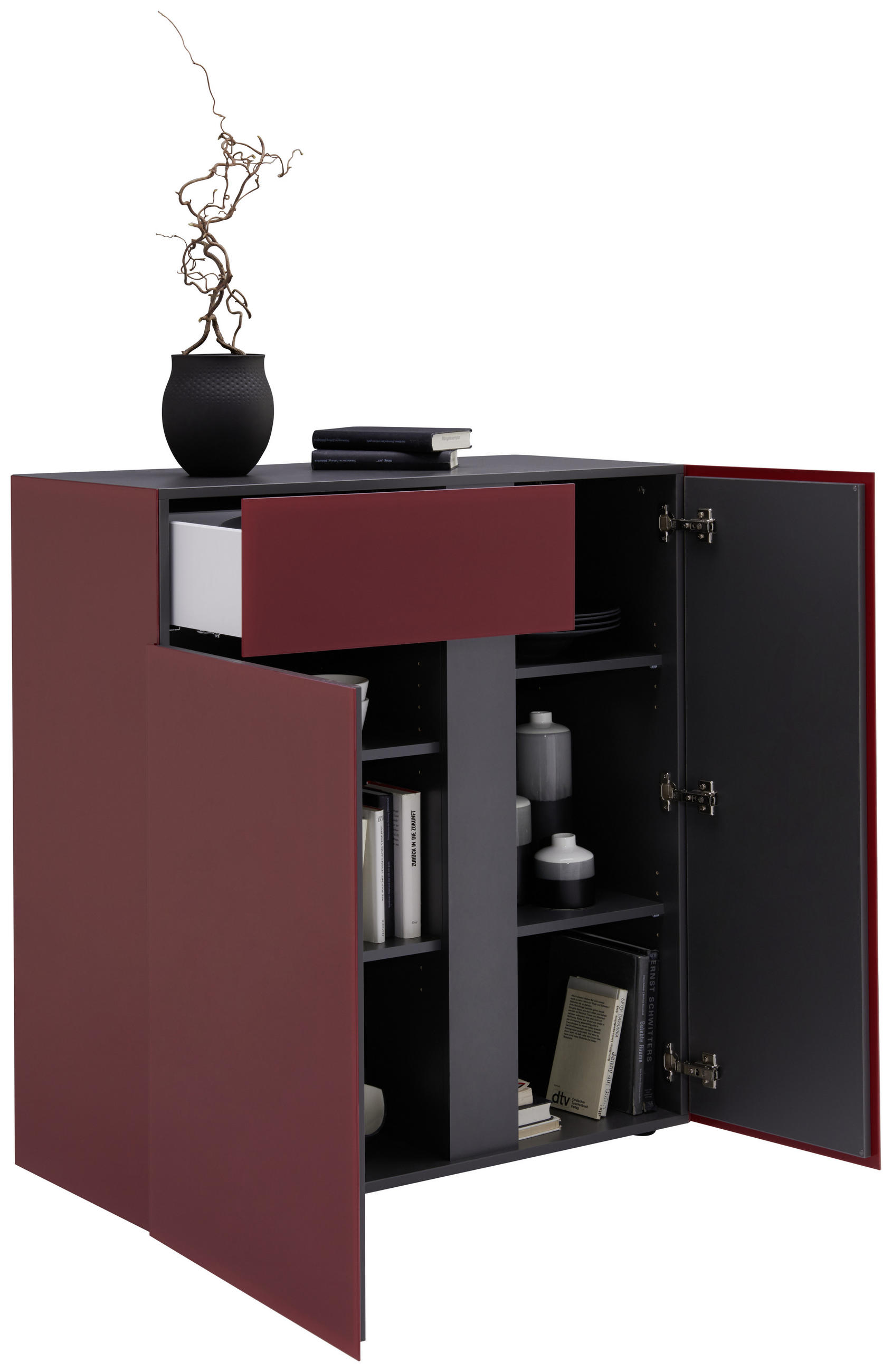 KOMMODE Graphitfarben, Dunkelrot - Schwarz/Graphitfarben, KONVENTIONELL, Glas/Holzwerkstoff (94/103/42cm) - Voleo