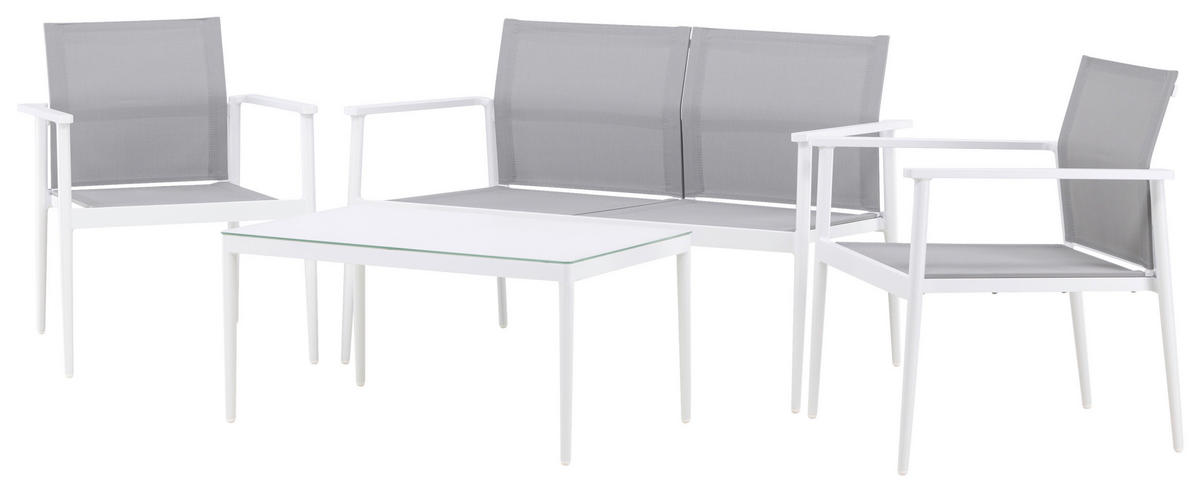 LOUNGEGARNITUR 4-teilig   Aluminium  - Weiß/Grau, KONVENTIONELL, Glas/Textil - Gardenson