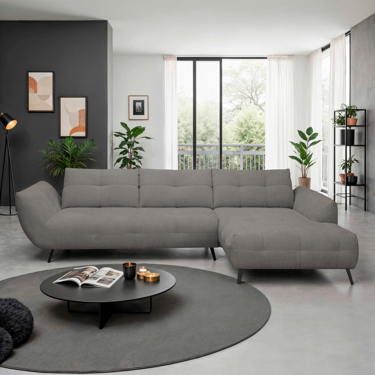 ECKSOFA Graubraun Chenille Armlehnenkissen, Rücken echt, Sitztiefenverstellung  - Graubraun/Schwarz, KONVENTIONELL, Textil/Metall (313/215cm) - Hom`in