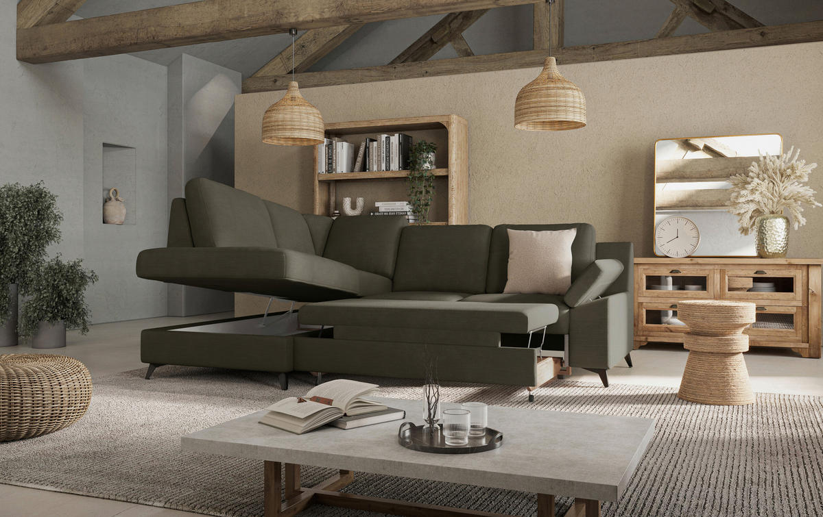 ECKSOFA in Flachgewebe Dunkelgrün  - Dunkelgrün/Schwarz, Konventionell, Textil/Metall (170/242cm) - Cotta