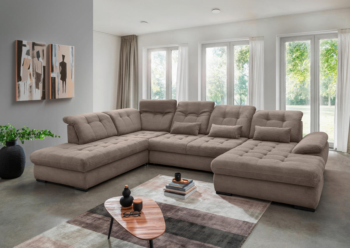 WOHNLANDSCHAFT in Cord Graubraun  - Graubraun/Schwarz, Modern, Textil/Metall (252/387/184cm) - Livetastic