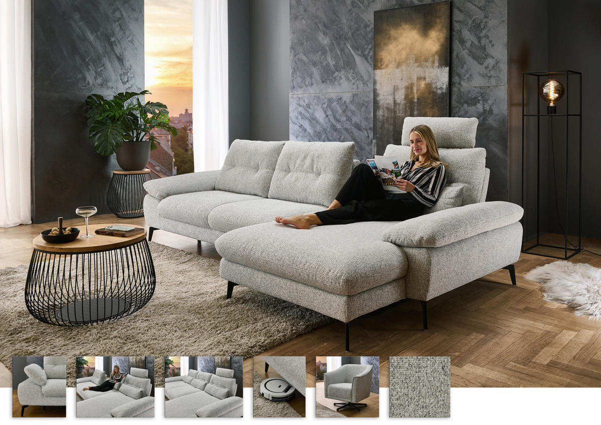 ECKSOFA Hellgrau Flachgewebe  - Hellgrau/Schwarz, Design, Textil/Metall (303/168cm) - Valdera