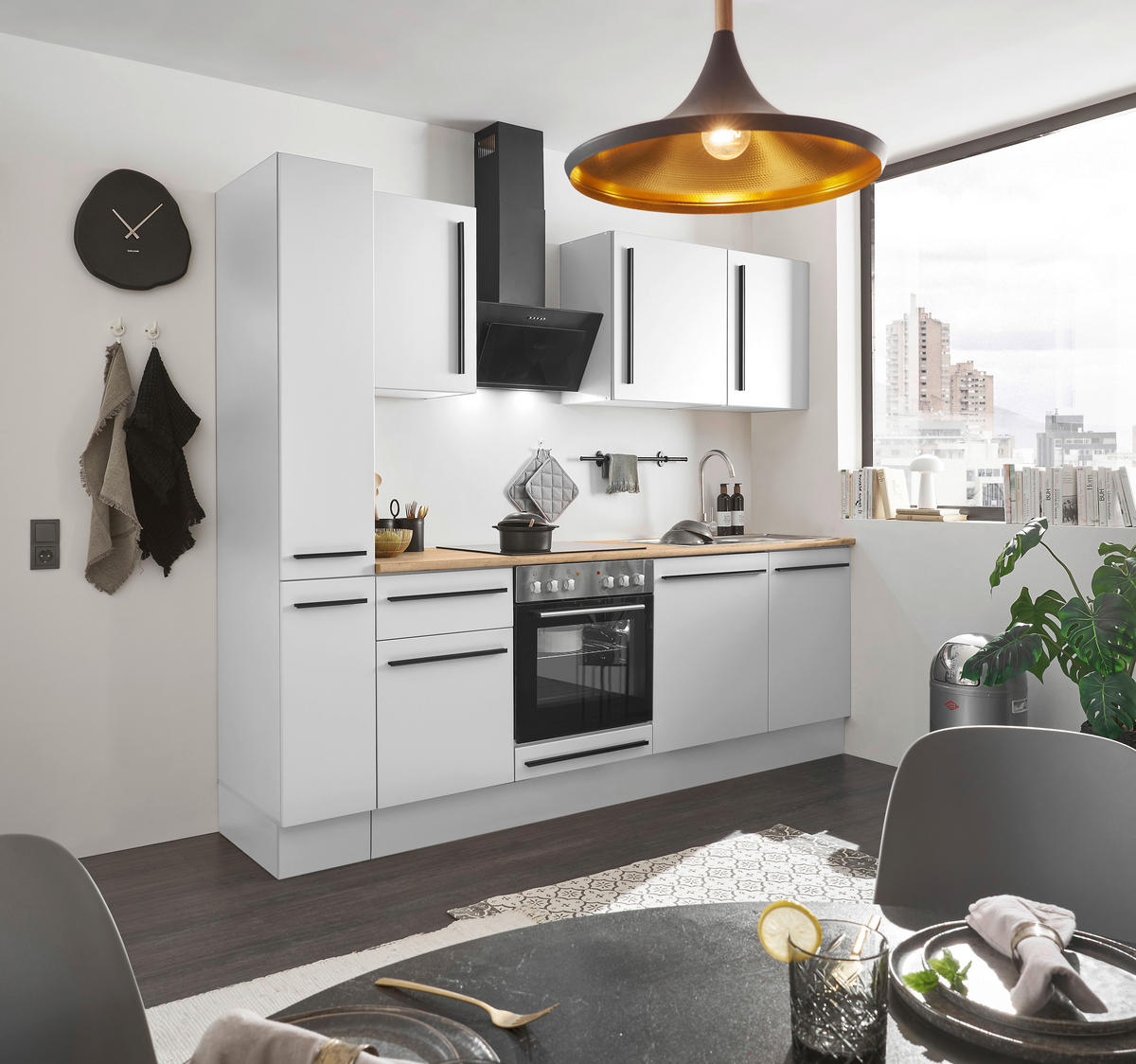 KÜCHENBLOCK 250 cm   in Weiß, Eichefarben  - Eichefarben/Schwarz, Design, Holzwerkstoff/Kunststoff (250cm) - MID.YOU