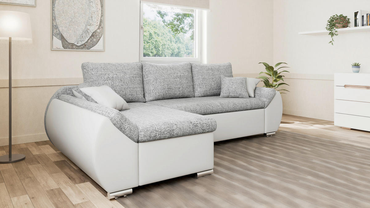 ECKSOFA AURO in Grau, Weiß Rücken echt  275/155 cm  - Silberfarben/Weiß, Design, Kunststoff/Textil (275/155cm) - MID.YOU