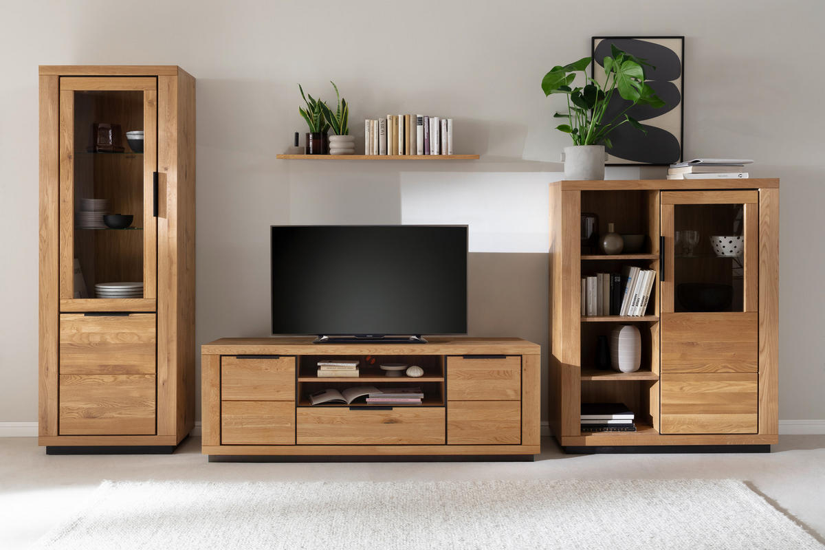 WOHNWAND 4-teilig  in Wildeiche  407/200/54 cm  - Wildeiche/Schwarz, Design, Glas/Holz (407/200/54cm) - MID.YOU