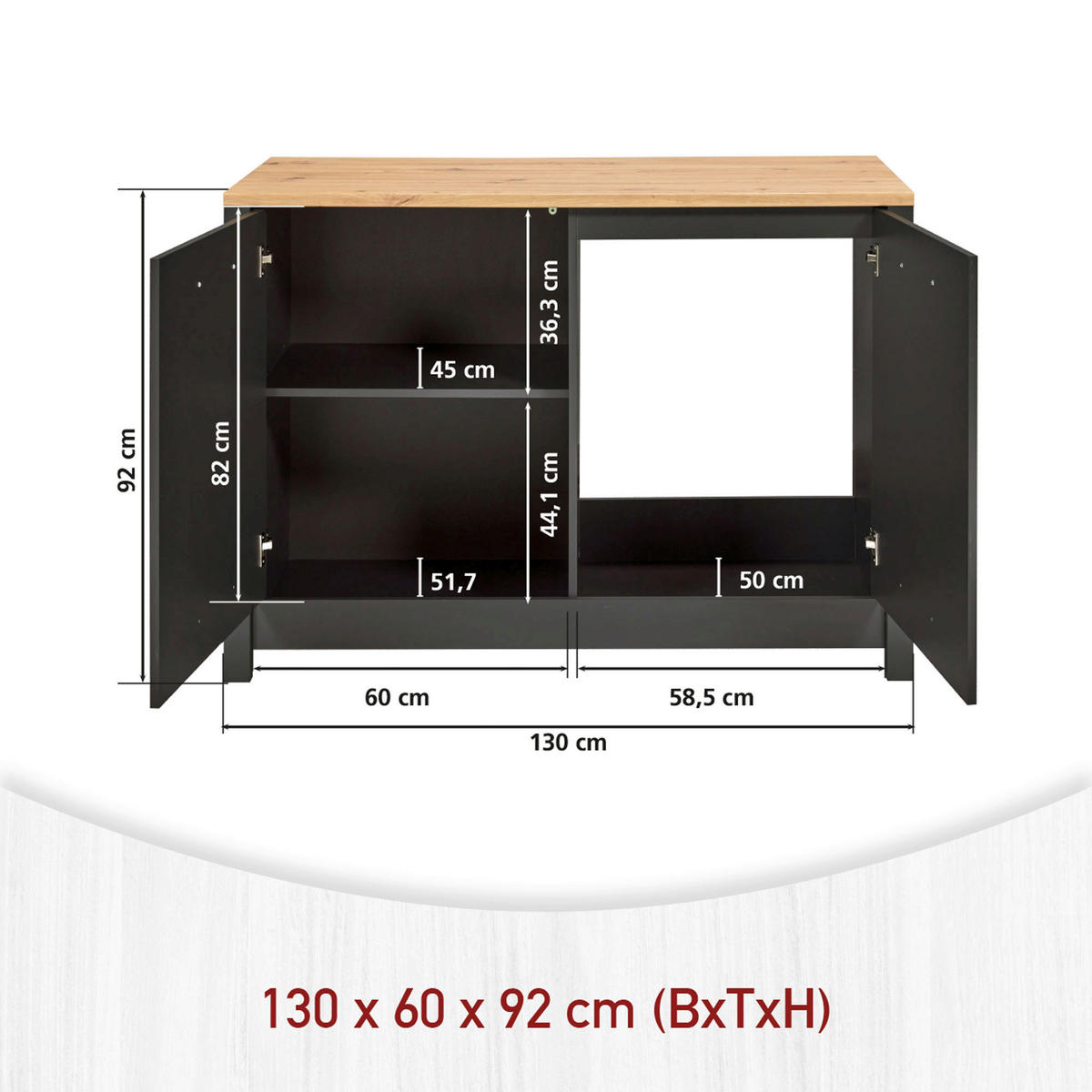 MINIKÜCHE   in Anthrazit, Eiche Artisan  - Anthrazit/Schwarz, MODERN, Glas/Holzwerkstoff (130/92/60cm) - home24