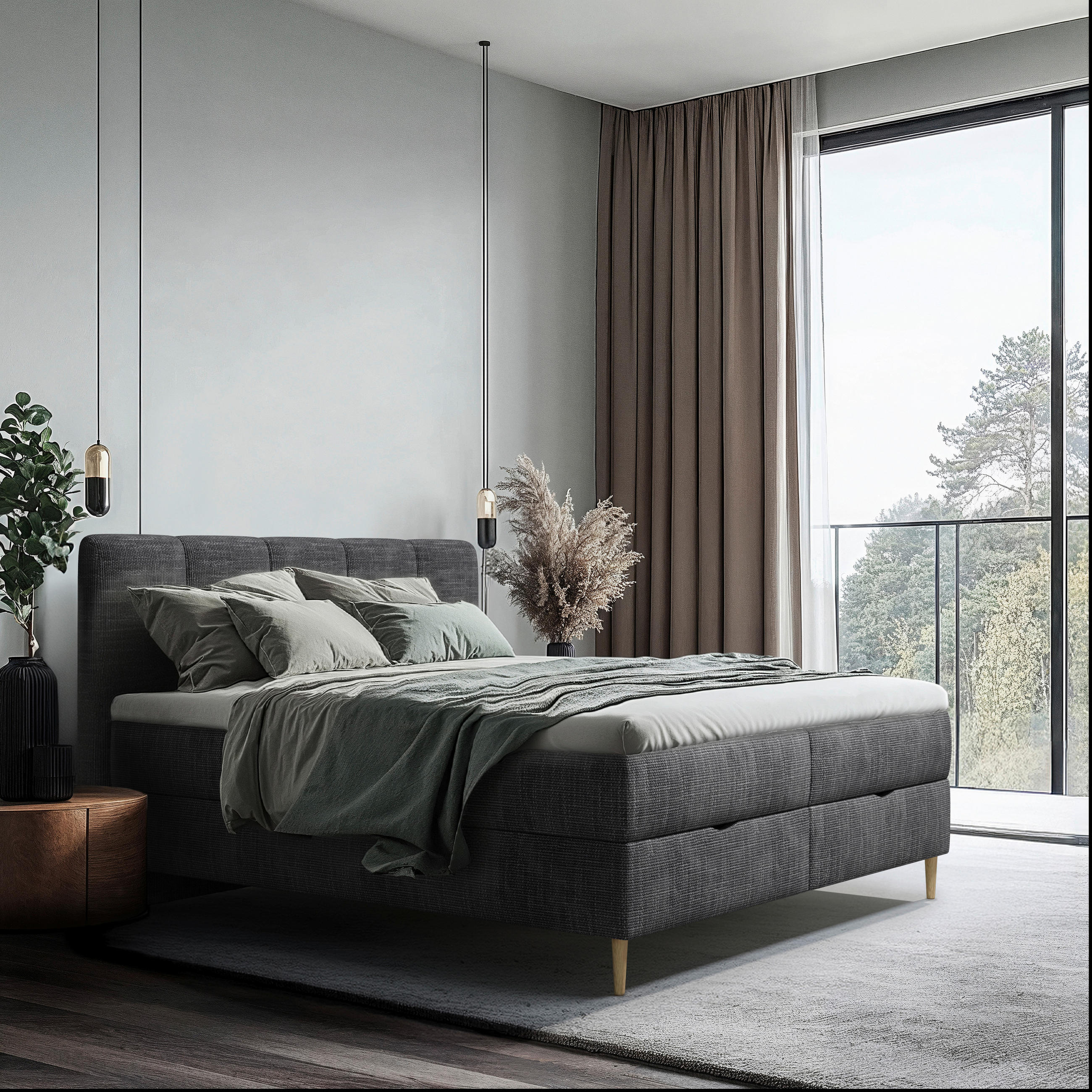 BOXBETT 140/200 cm,  in Anthrazit, gepolstertes Kopfteil, Bettkasten, Topper,  - Anthrazit/Buchefarben, MODERN, Holz/Holzwerkstoff (140/200cm) - MID.YOU