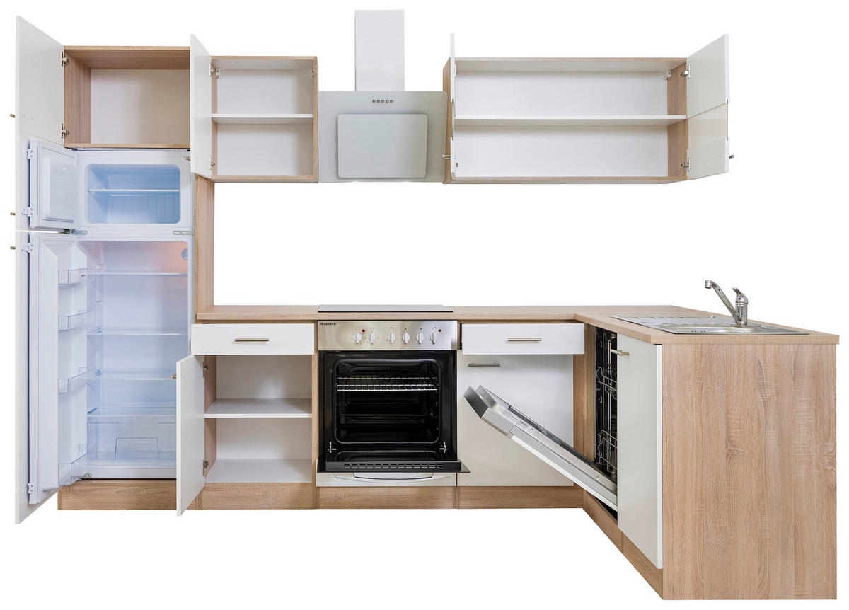 ECKKÜCHE 280/172 cm  in Weiß  - Edelstahlfarben/Eichefarben, Basics, Holzwerkstoff/Metall (280/172cm) - Respekta