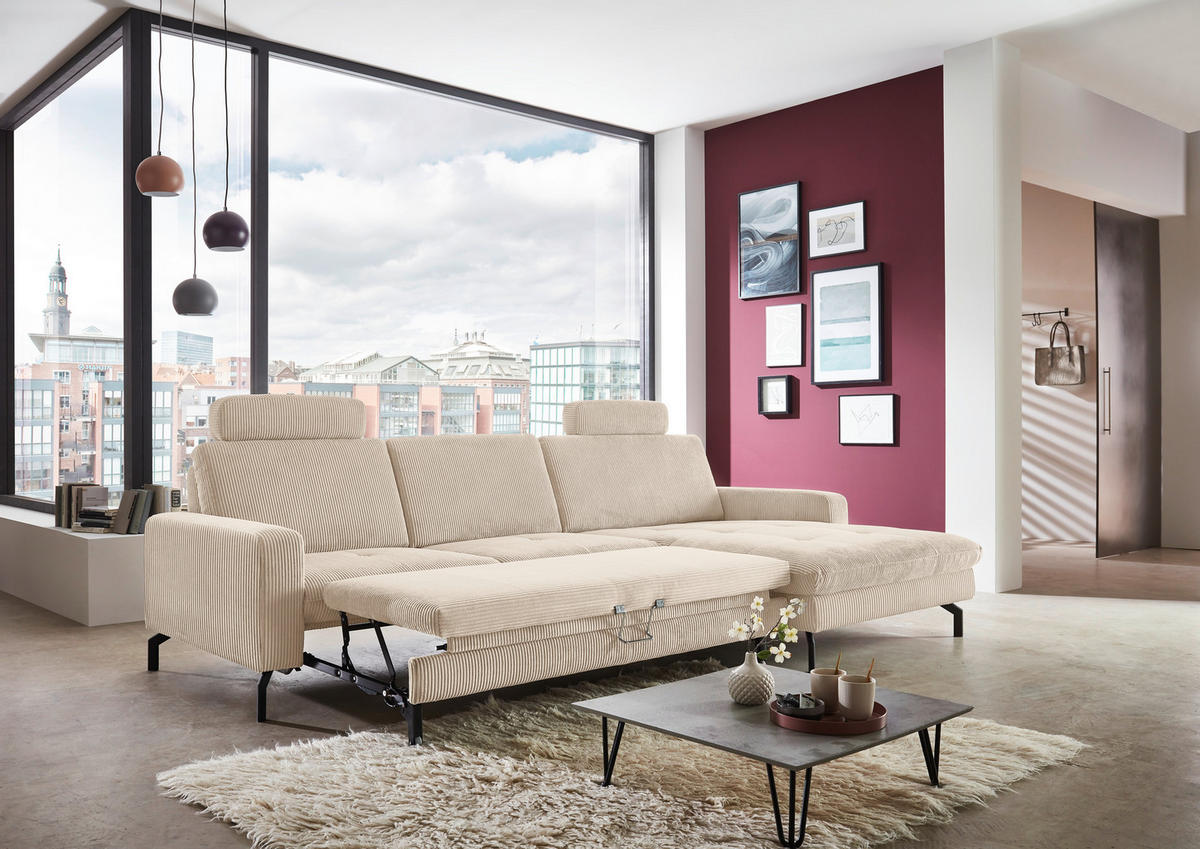ECKSOFA in Cord Beige  302/178 cm  - Beige/Schwarz, Design, Textil/Metall (302/178cm) - Beldomo Style
