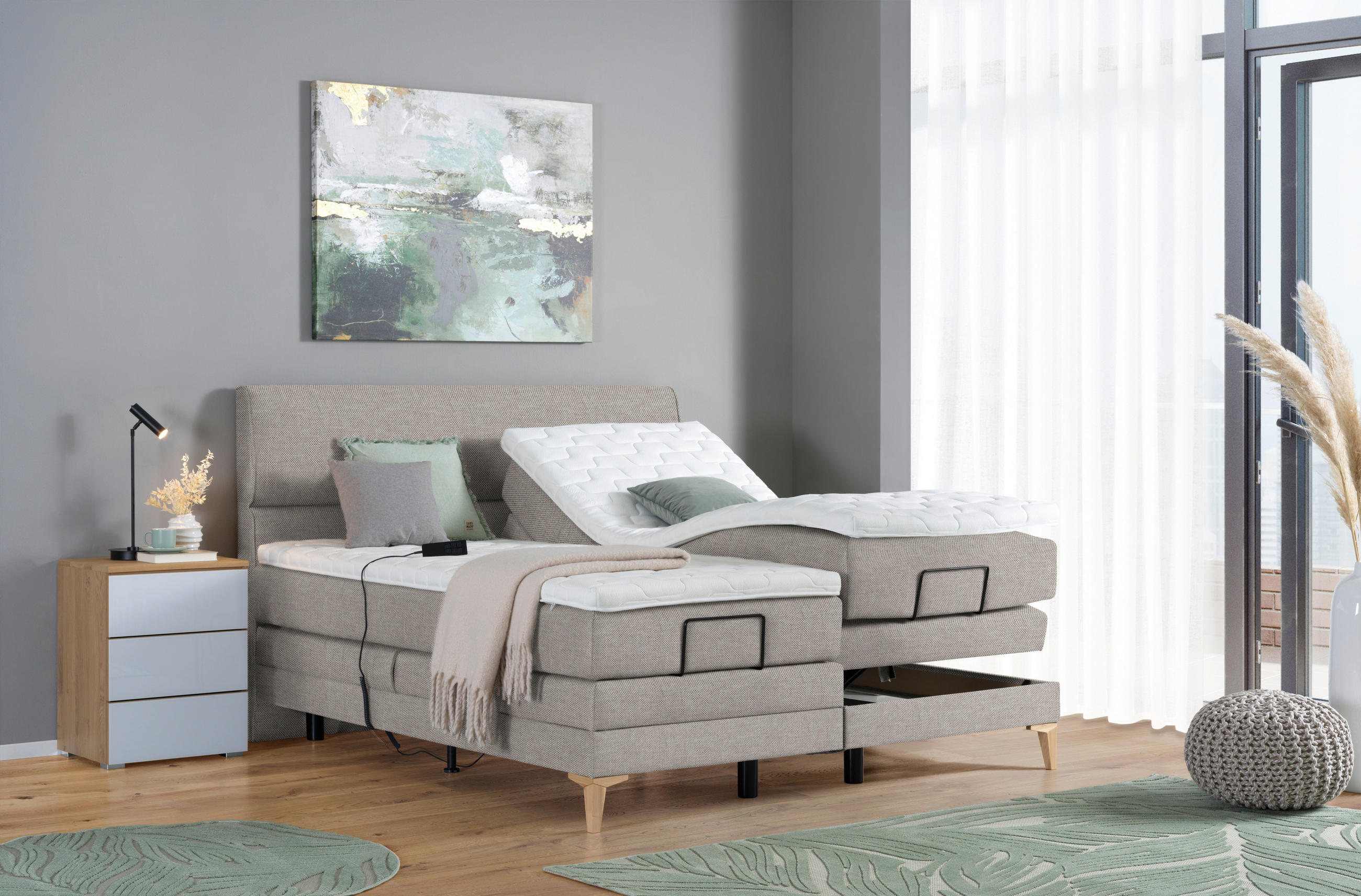 BOXSPRINGBETT 200/200 cm  in Greige  - Greige/Eichefarben, KONVENTIONELL, Holz/Textil (200/200cm) - Voleo