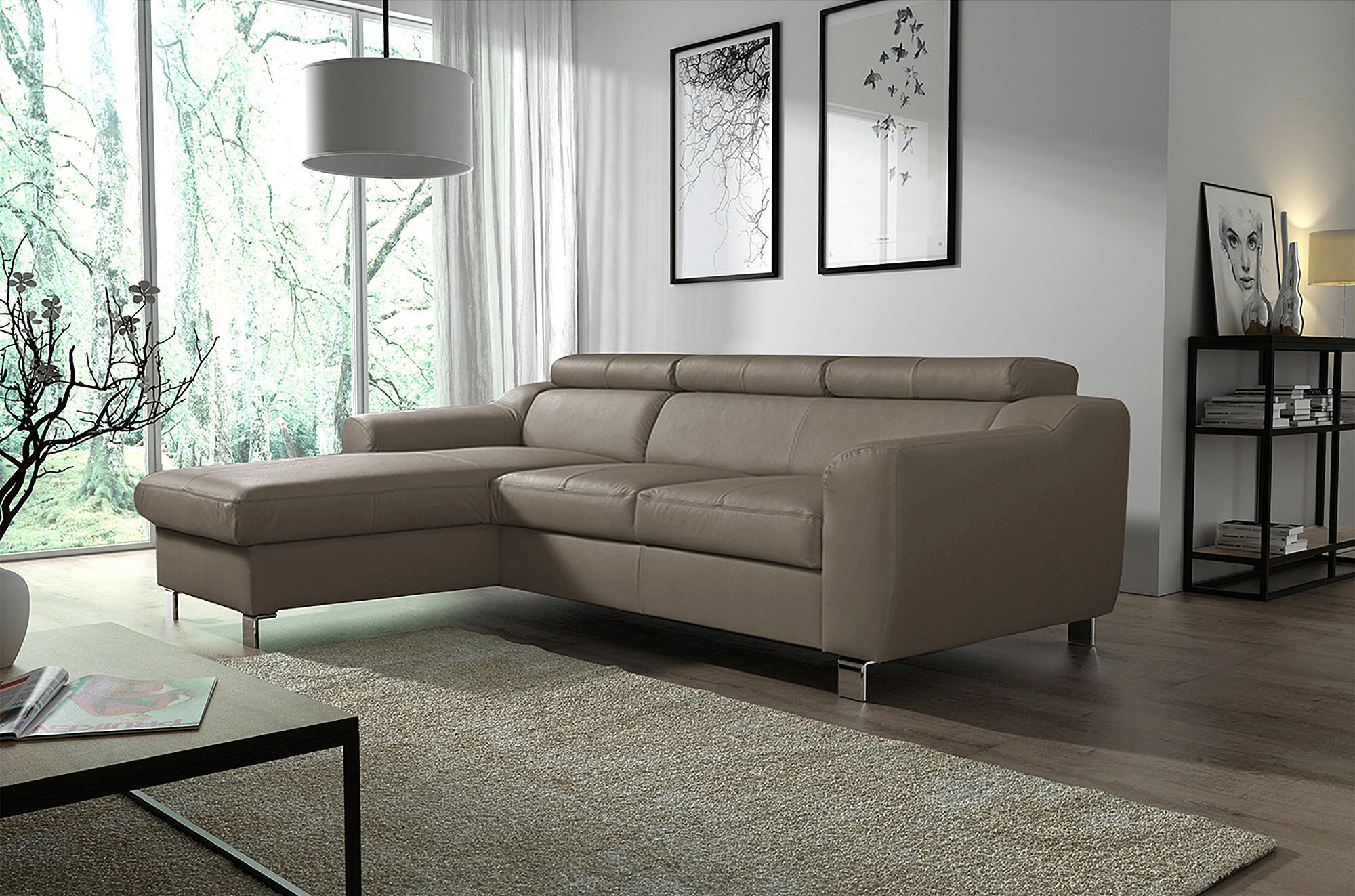 ECKSOFA in Lederlook Echtleder Taupe  - Taupe/Chromfarben, Design, Leder/Textil (176/242cm) - Livetastic