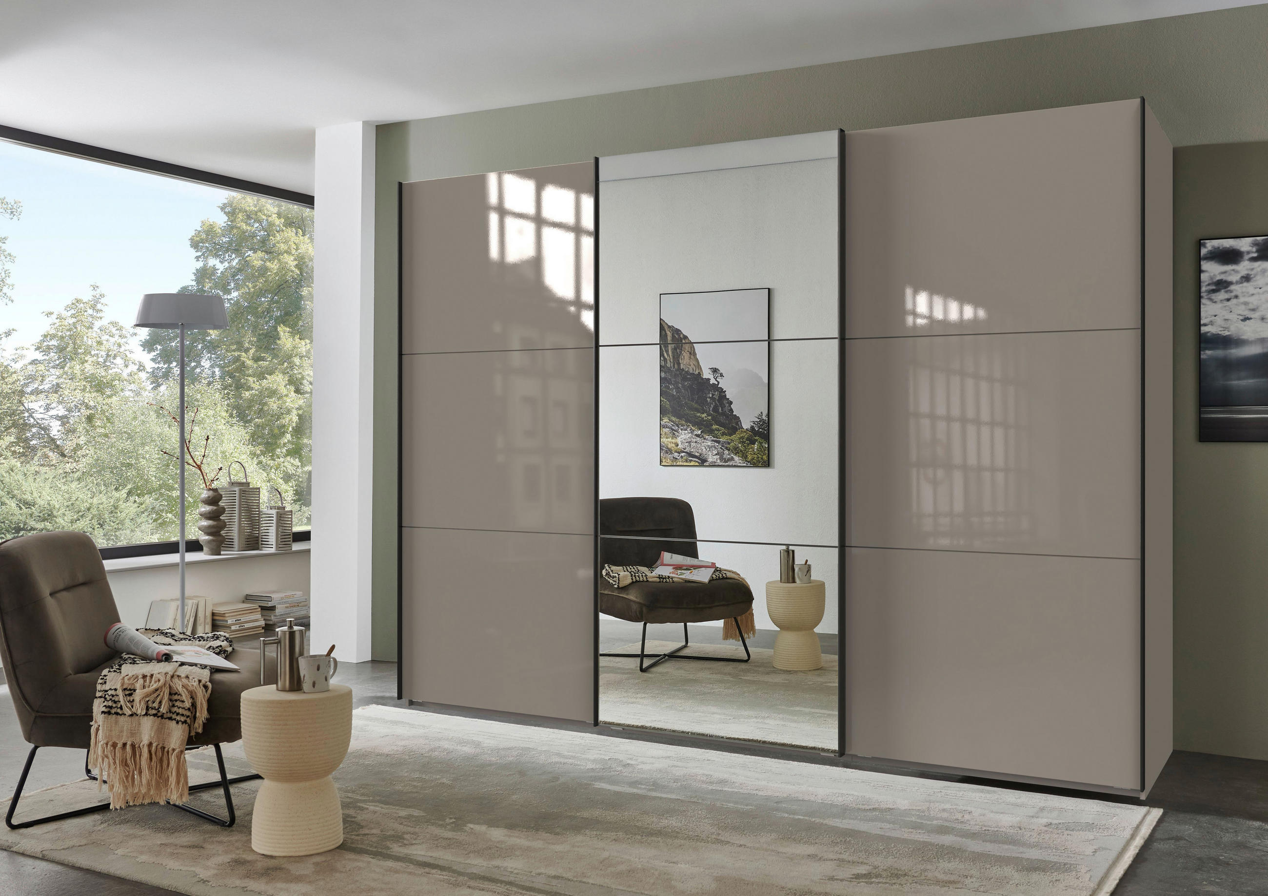 SCHWEBETÜRENSCHRANK in Sahara  - Schwarz/Sahara, Konventionell, Glas/Holzwerkstoff (300/216/65cm) - Stylife