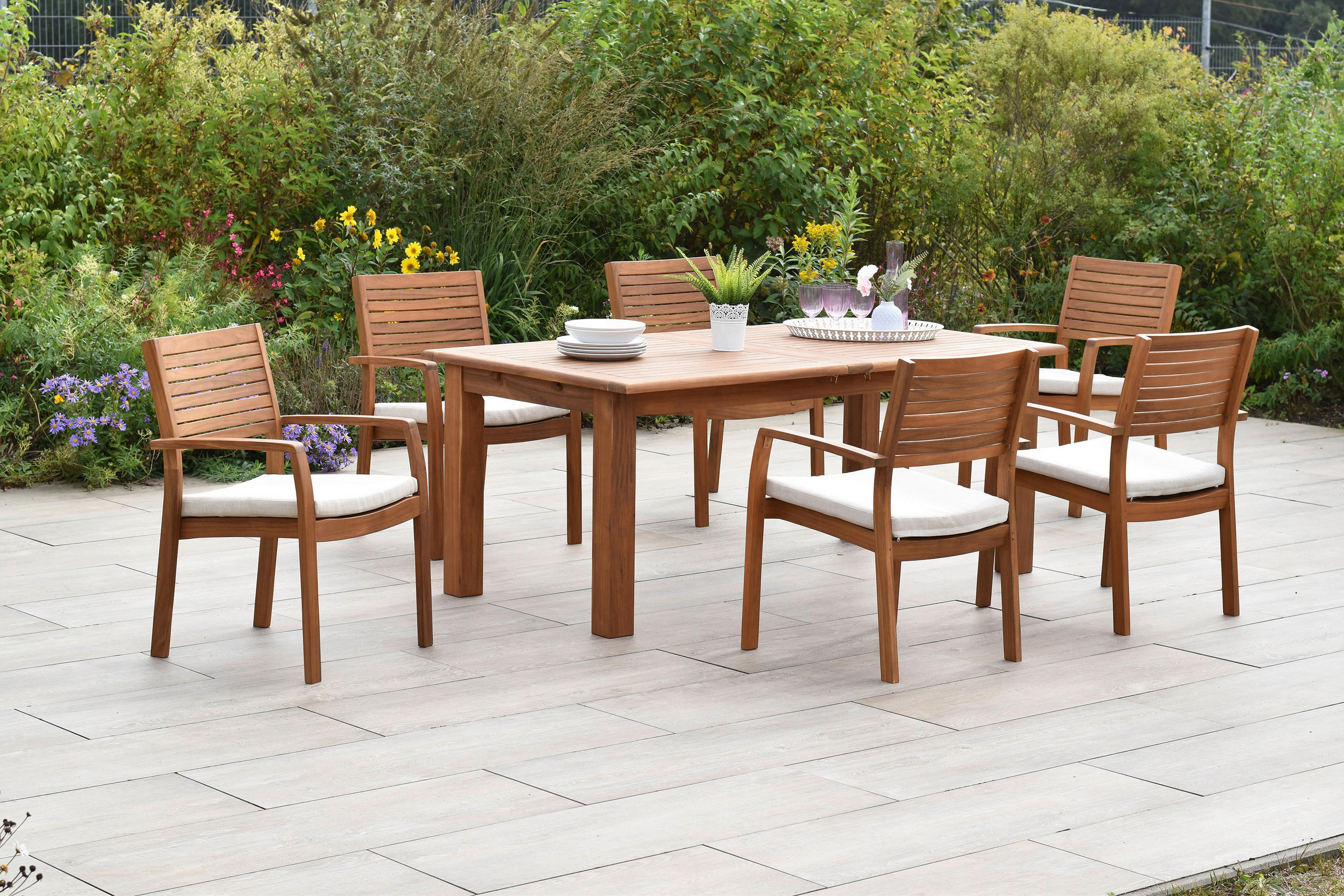 GARTENTISCHGRUPPE  - Beige/Akaziefarben, KONVENTIONELL, Holz/Textil - Gardenson