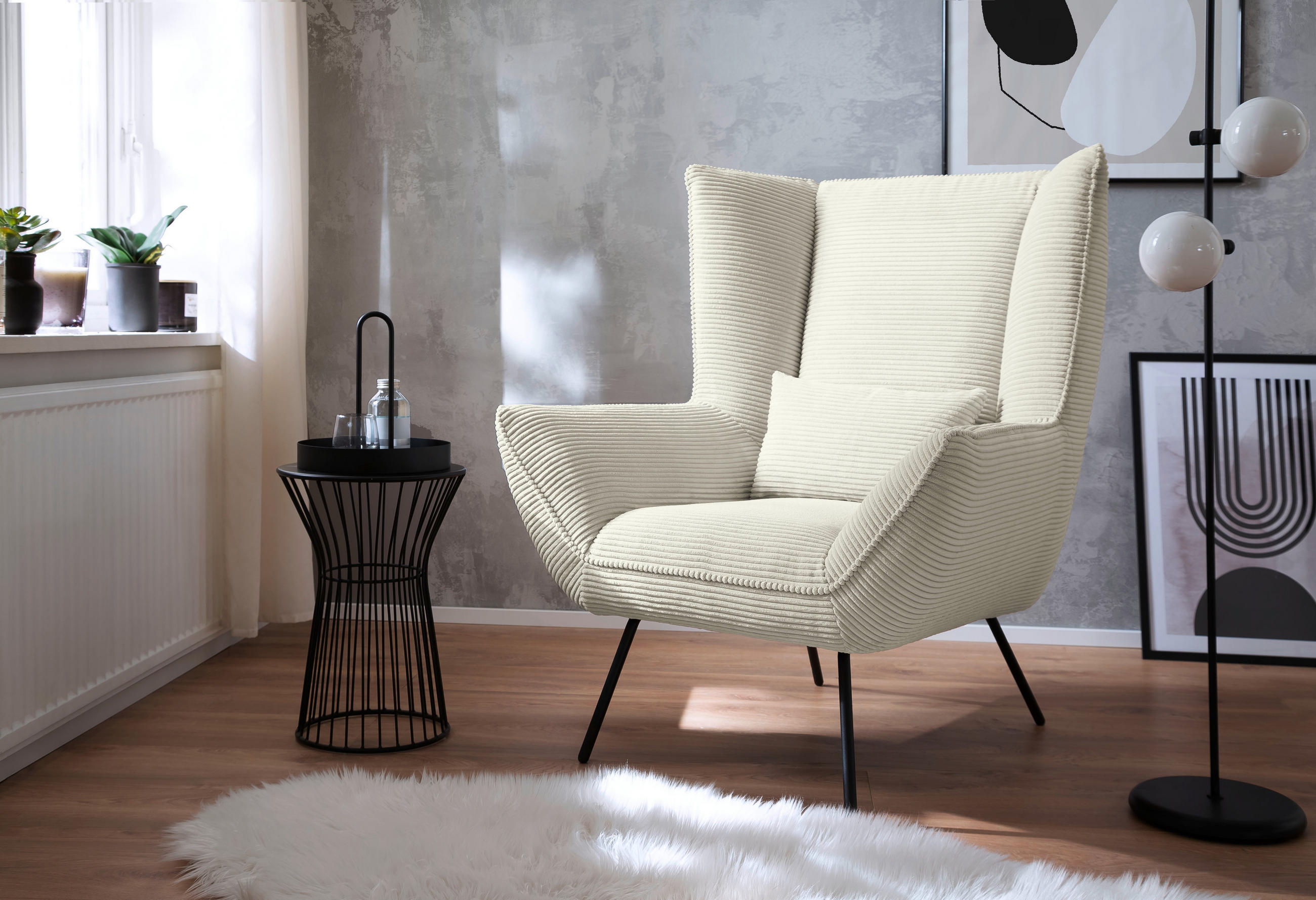 SESSEL in Cord Weiss  - Weiss/Schwarz, Design, Textil/Metall (90/112/94cm) - Pure Home Lifestyle
