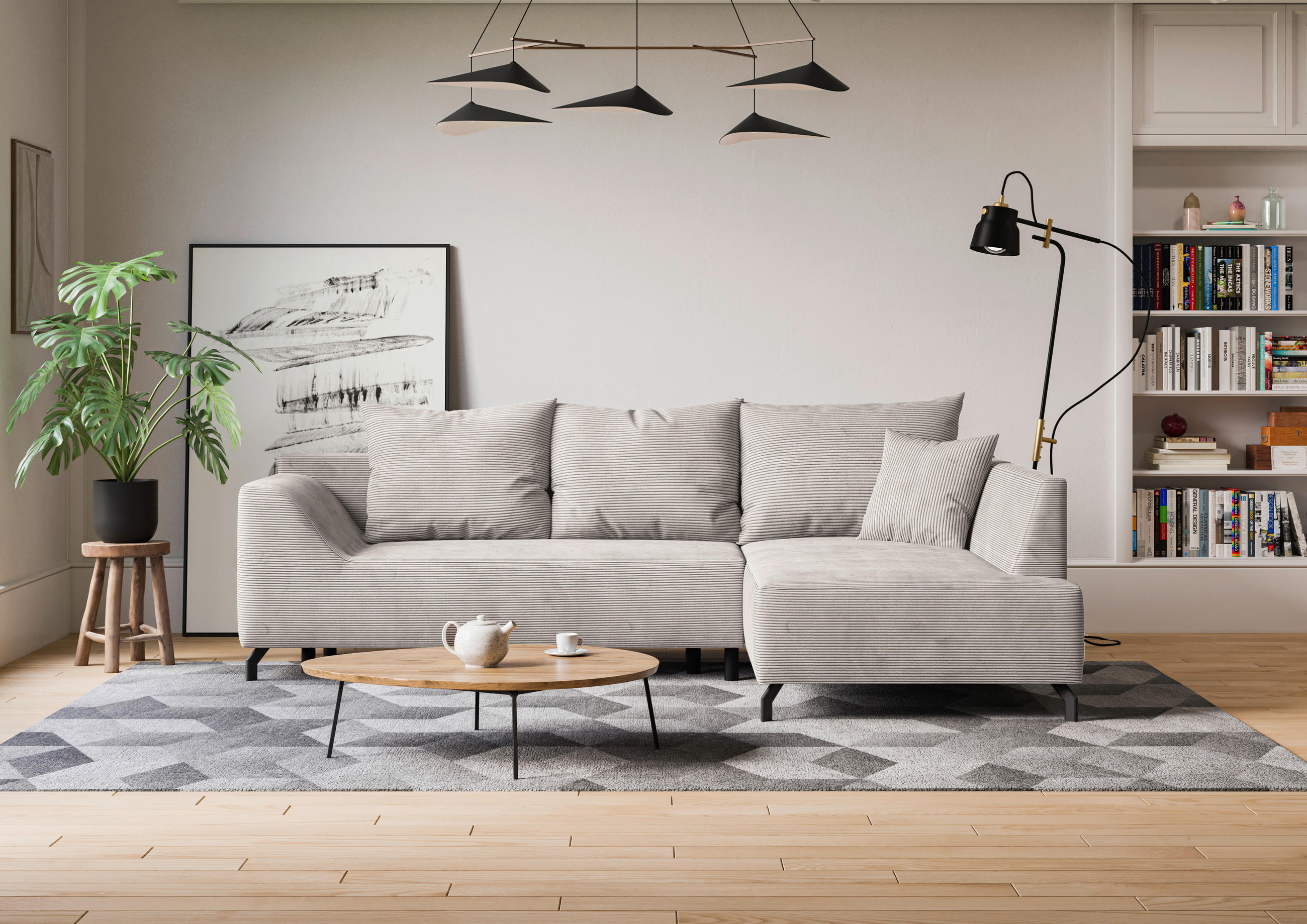 ECKSCHLAFSOFA Cord Creme  - Creme/Schwarz, Design, Textil/Metall (273/167cm) - MID.YOU