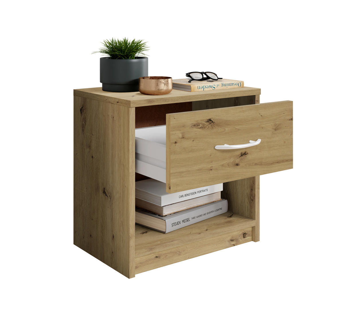 NOČNÝ STOLÍK, dub artisan, 39/41/28 cm - dub artisan/hliníková, Konventionell, kompozitné drevo/plast (39/41/28cm) - Carryhome