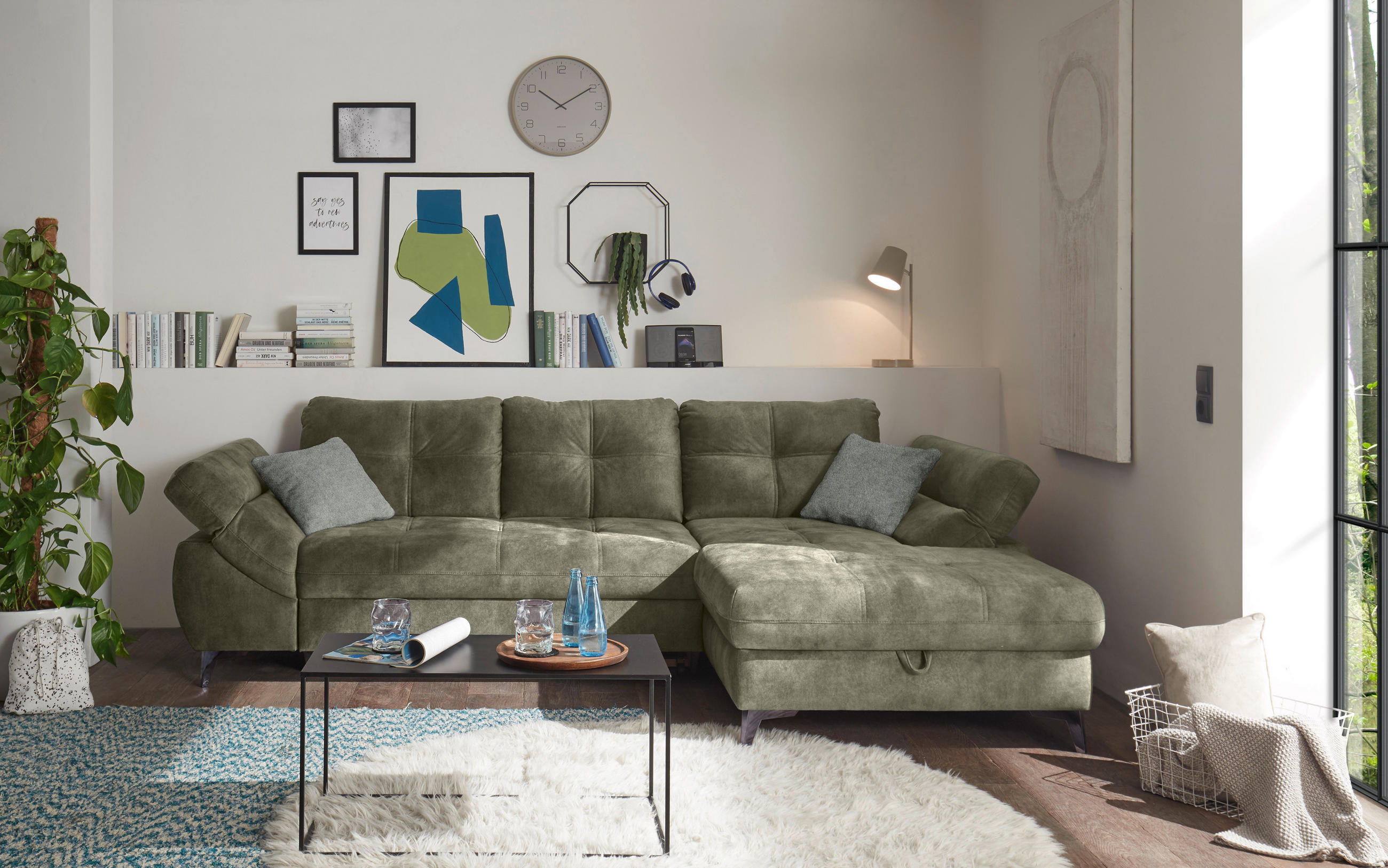 ECKSOFA Grau Mikrovelours  - Silberfarben/Grau, KONVENTIONELL, Kunststoff/Textil (288/170cm) - MID.YOU