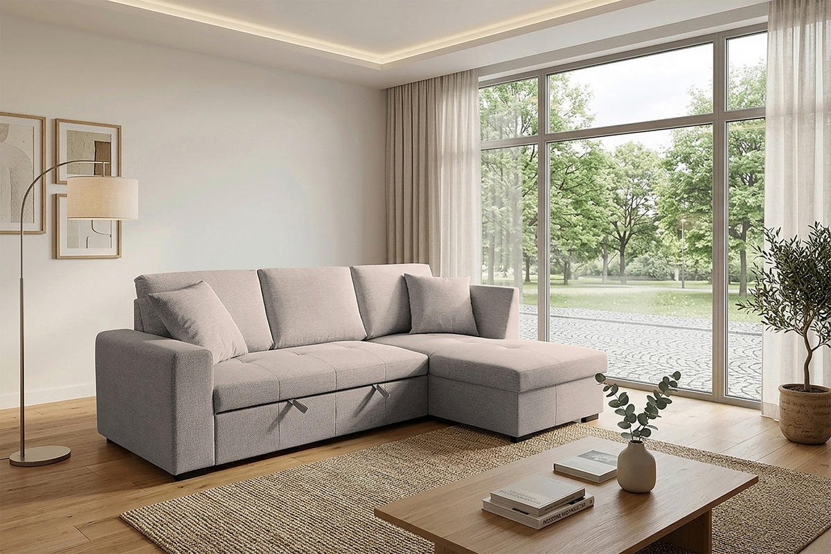 ECKSOFA LUKAS Hellbraun Struktur Zierkissen, Bettkasten  - Hellbraun, Trend, Textil (239/158cm) - P & B