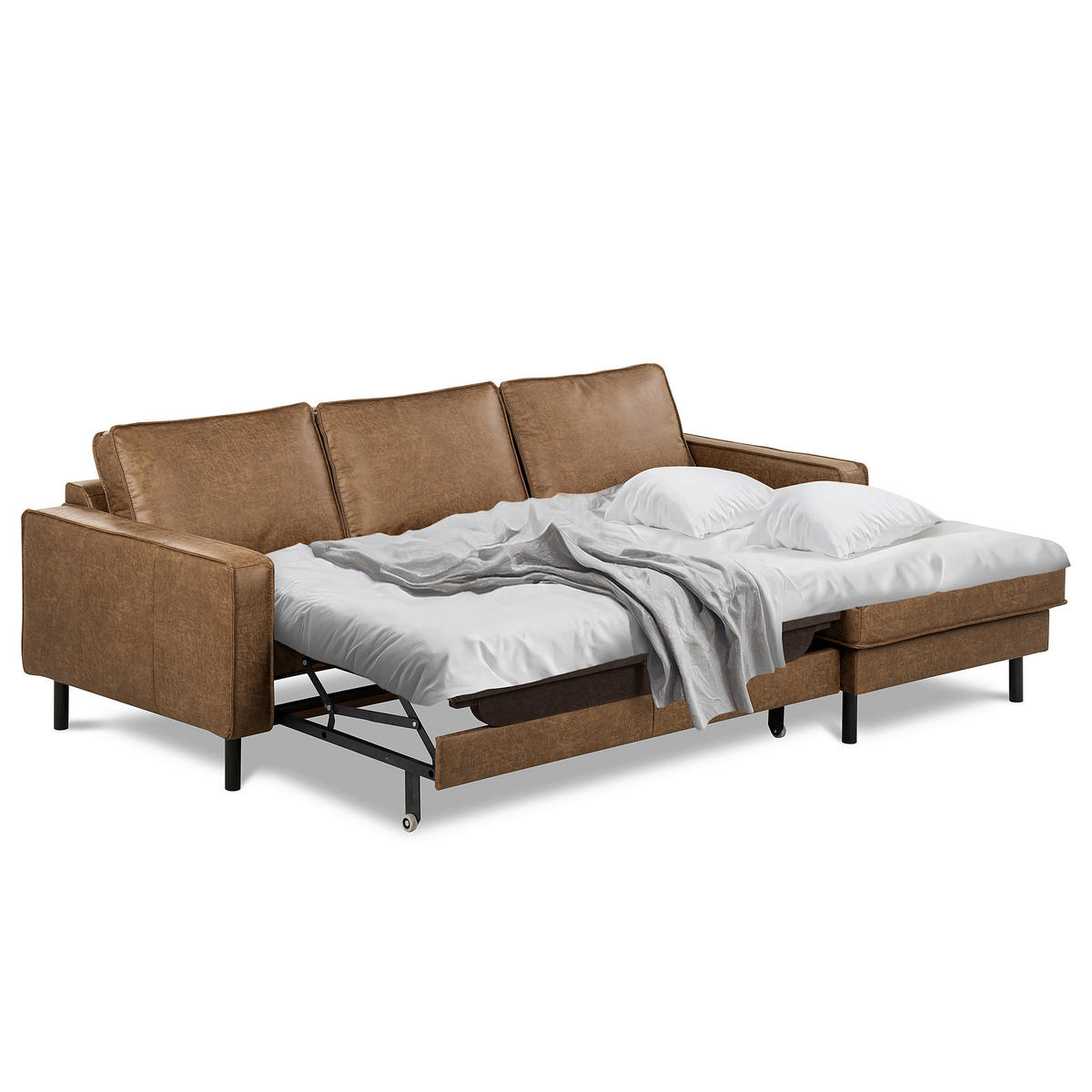 ECKSOFA Braun Echtleder Lederlook Bettkasten, Schlaffunktion, Rücken echt  - Schwarz/Braun, Design, Leder/Textil (166/238cm) - Livetastic