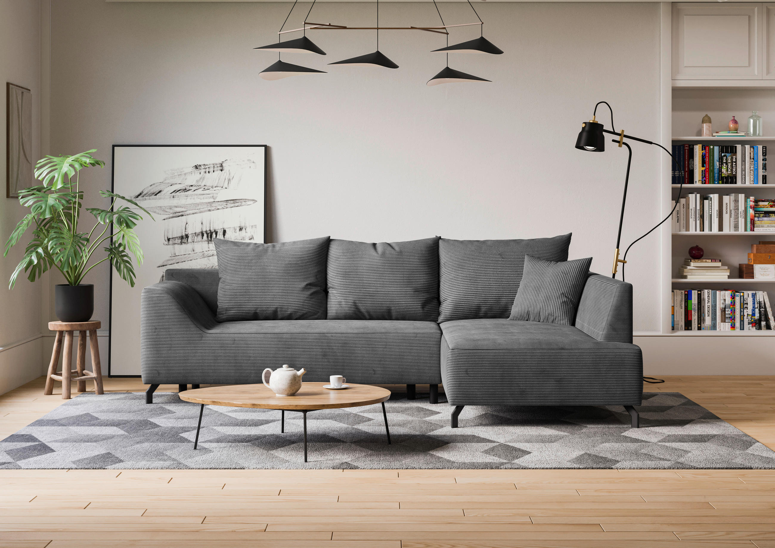 ECKSCHLAFSOFA Cord Silberfarben  - Silberfarben/Schwarz, Design, Textil/Metall (273/167cm) - MID.YOU
