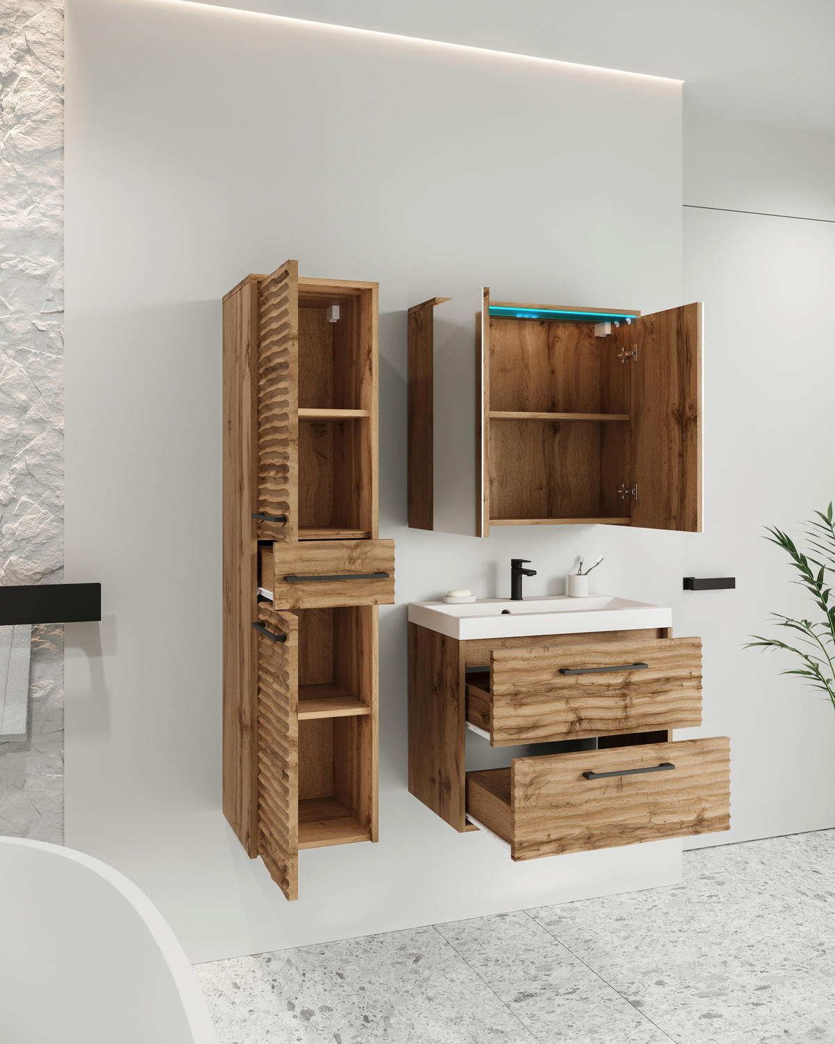 BADEZIMMER 4-teilig  in 90 cm  - Eiche Wotan/Schwarz, LIFESTYLE, Keramik/Holzwerkstoff (90cm) - P & B