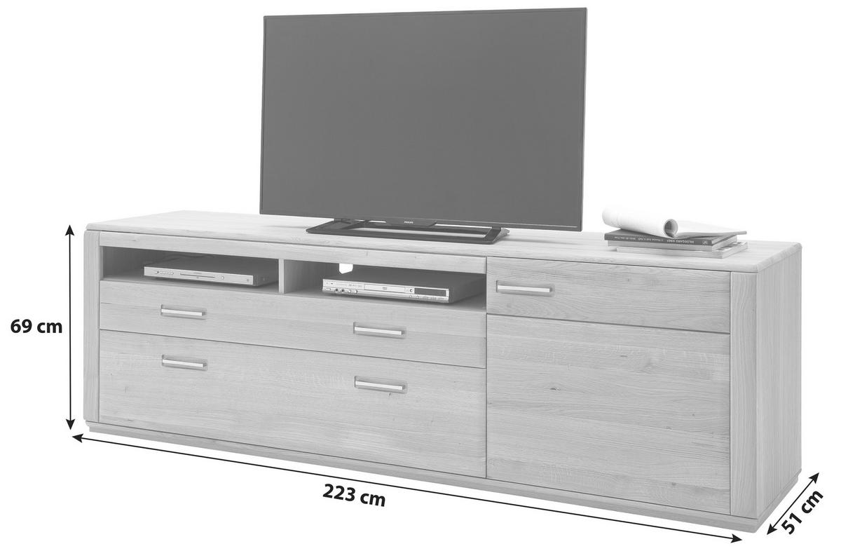 MEDIABÄNK i faner, delar i massivt trä ek ekfärgad  - silver/ekfärgad, Design, metall/trämaterial (223/69/51cm) - Livetastic