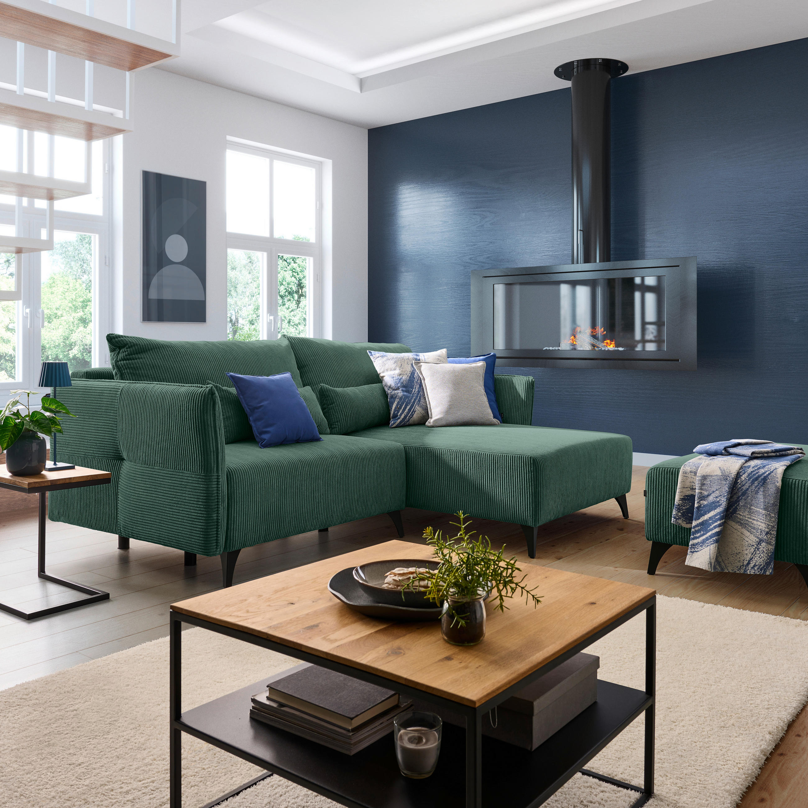 ECKSOFA Grün Cord  - Schwarz/Grau, Design, Textil/Metall (254/175cm) - Stylife