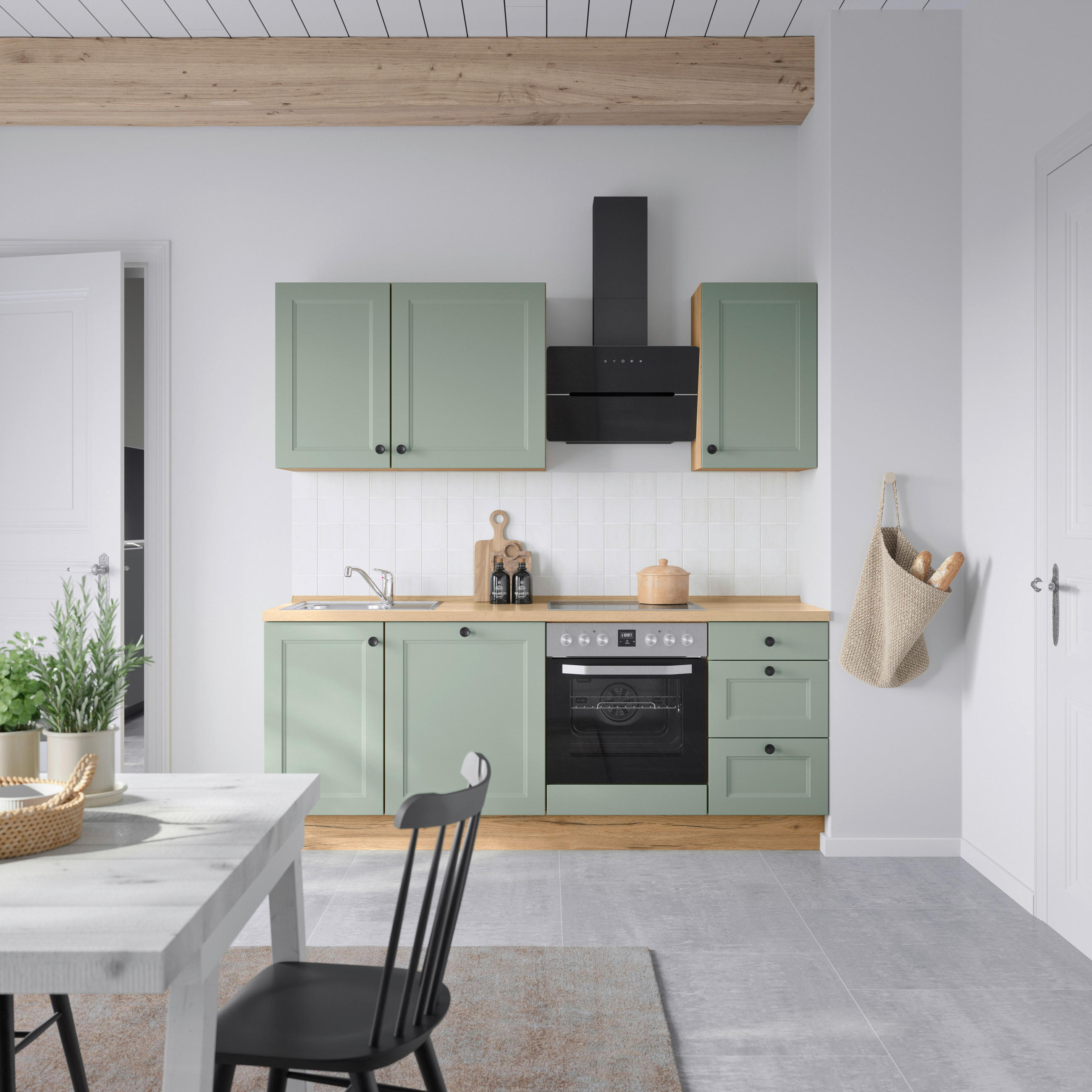 KÜCHENBLOCK 210 cm   in Eichefarben, Schilfgrün  - Schilfgrün/Eichefarben, MODERN, Holzwerkstoff/Metall (210cm) - Nobilia