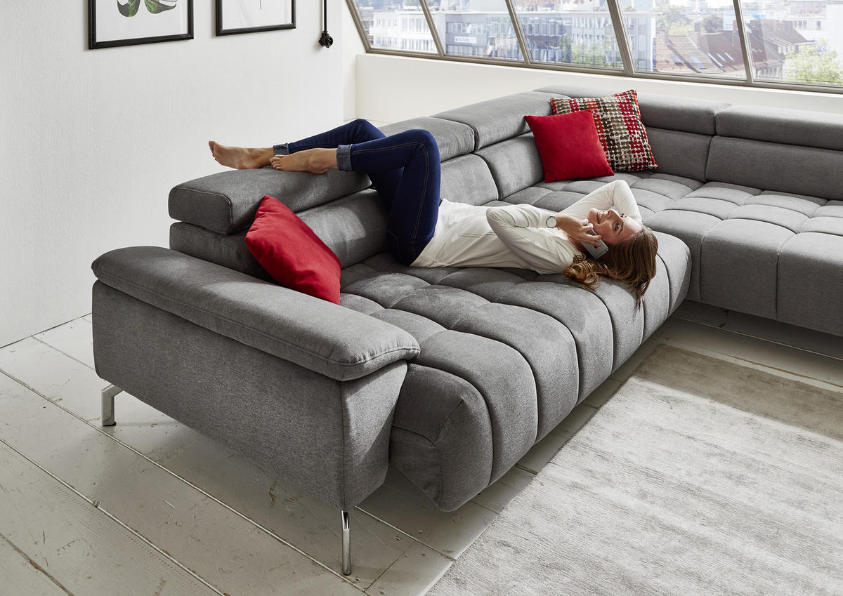 ECKSOFA Grau Chenille  - Chromfarben/Grau, Design, Textil/Metall (323/222cm) - Beldomo Style