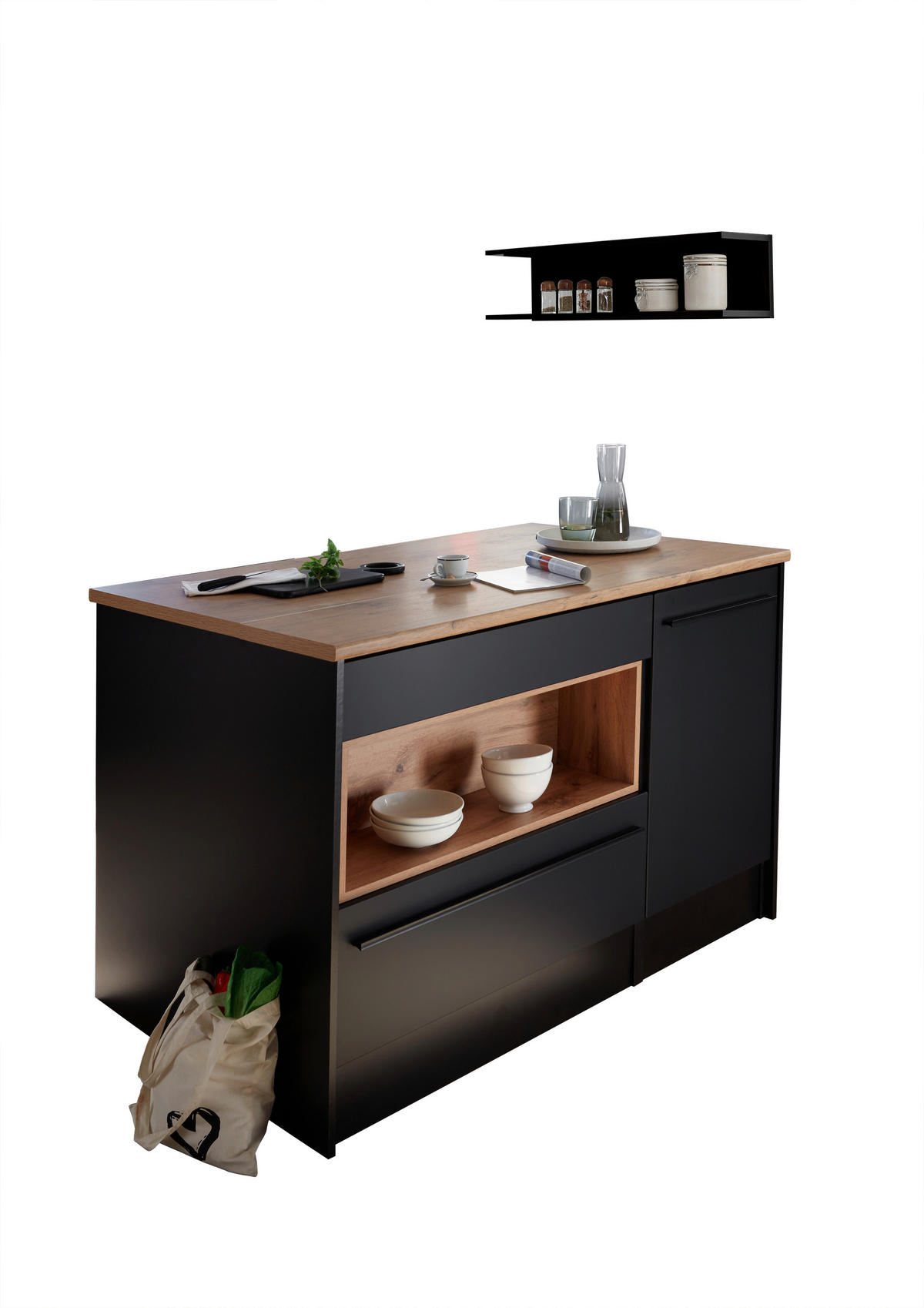 KÜCHENINSEL 145/90/90 cm  in Schwarz, Eichefarben  - Eichefarben/Schwarz, KONVENTIONELL, Holzwerkstoff/Kunststoff (145/90/90cm) - P & B