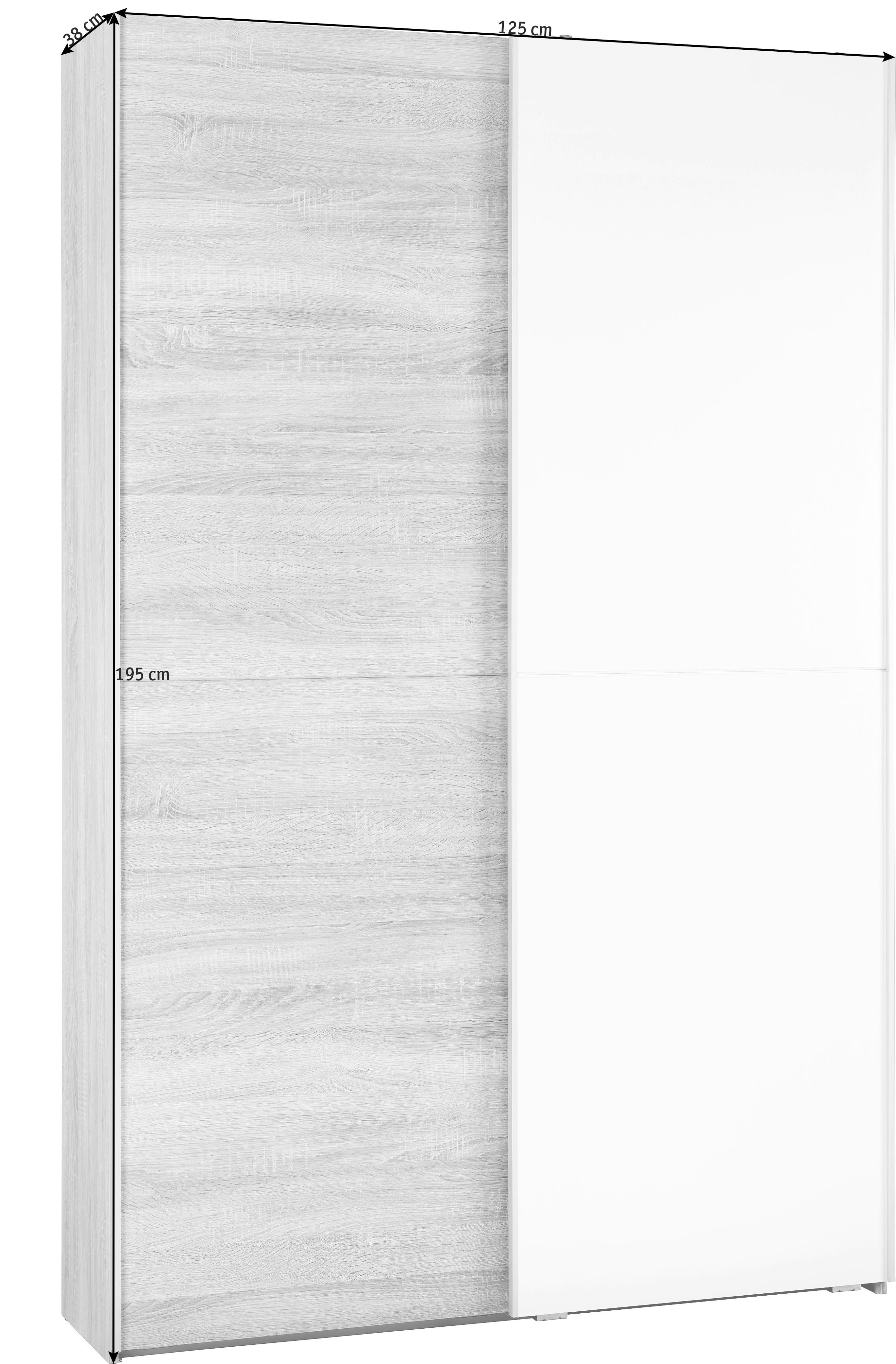 SCHWEBETÜRENSCHRANK 2-türig Weiß, Sonoma Eiche  - Alufarben/Weiß, KONVENTIONELL, Holzwerkstoff (125/195/38cm) - Livetastic