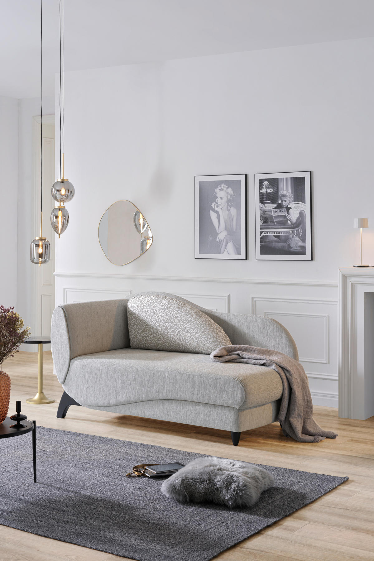 RÉCAMIERE in Webstoff Hellgrau  - Hellgrau/Schwarz, Modern, Holz/Textil (84/87/171-190cm) - Joka