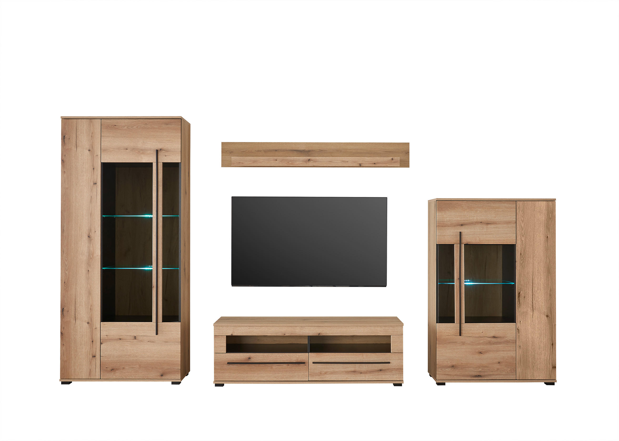 WOHNWAND 4-teilig  in Eichefarben  340/200/42 cm   - Eichefarben/Schwarz, Design, Glas/Holzwerkstoff (340/200/42cm) - Livetastic