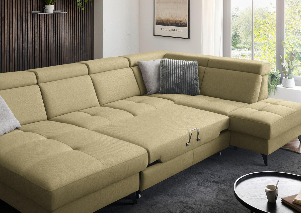 WOHNLANDSCHAFT Flachgewebe Honig  - Schwarz/Honig, Konventionell, Textil/Metall (174/333/215cm) - Beldomo System