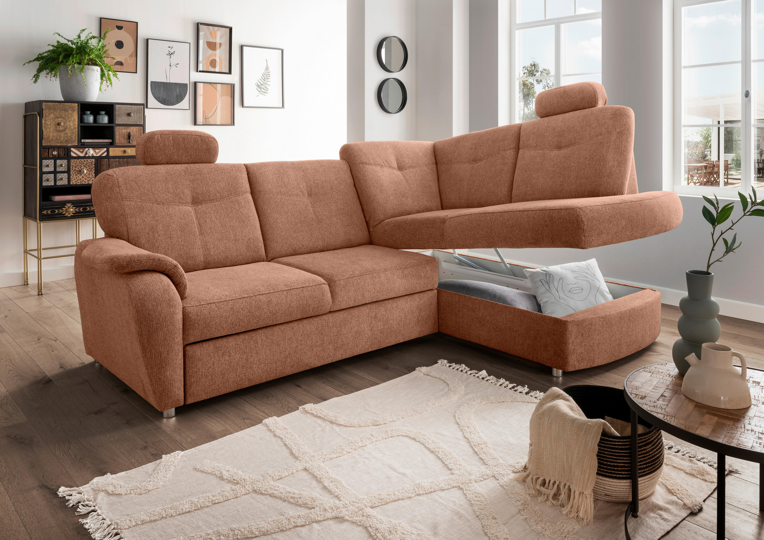 ECKSCHLAFSOFA Chenille Koralle  - Chromfarben/Koralle, MODERN, Kunststoff/Textil (264/180cm) - Livetastic