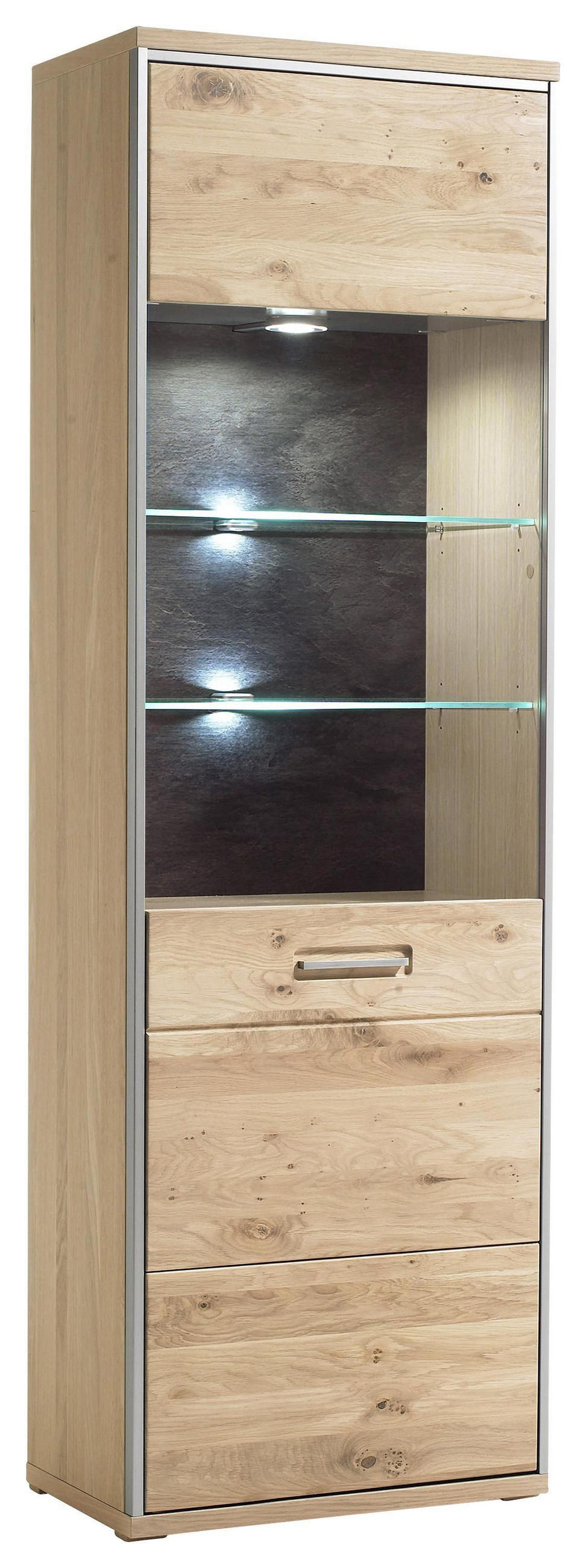 VITRINE in furniert, massiv Eiche Eichefarben  - Hellbraun/Edelstahlfarben, Konventionell, Glas/Holz (64/201/39cm) - MID.YOU