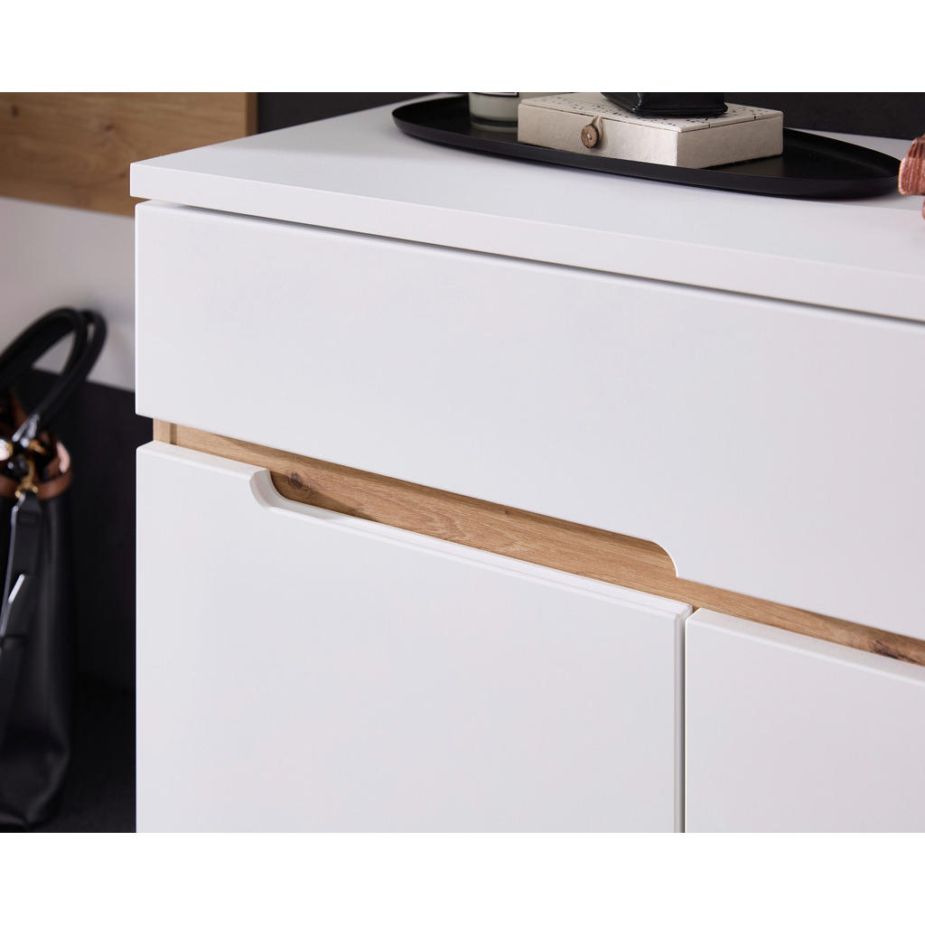 Thumbnail - Voleo Garderobe Memphis, Weiß, Eiche Artisan, Glas, Textil, Holzwerkstoff, 7-teilig, 255x197x38 cm, Garderobe, Garderobe...