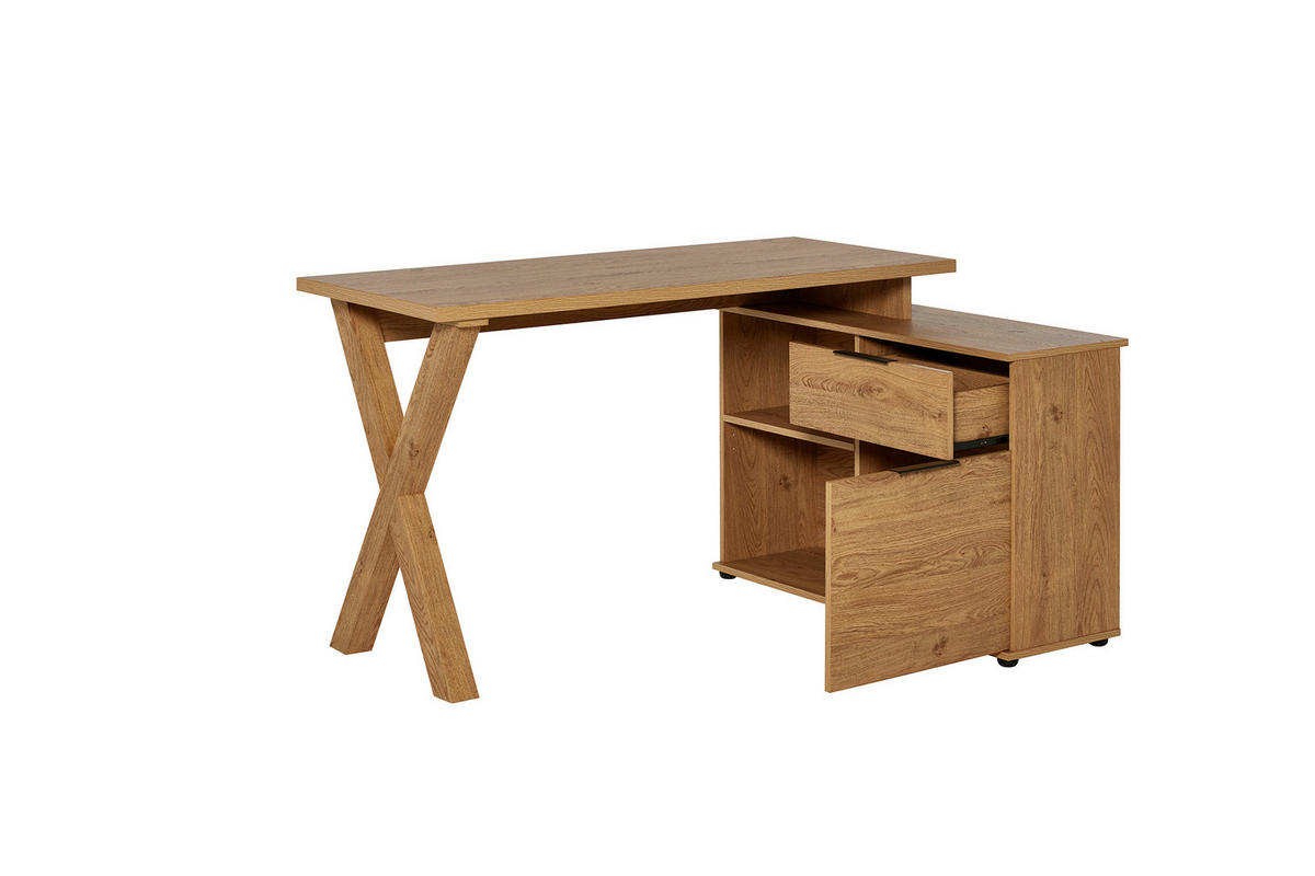ECKSCHREIBTISCH 140/95/76 cm Eichefarben Kabeldurchlass, Stauraum, seitenverkehrt montierbar, in verschiedenen Holz-Dekoren erhältlich  - Eichefarben/Schwarz, MODERN, Holzwerkstoff/Metall (140/95/76cm) - MID.YOU