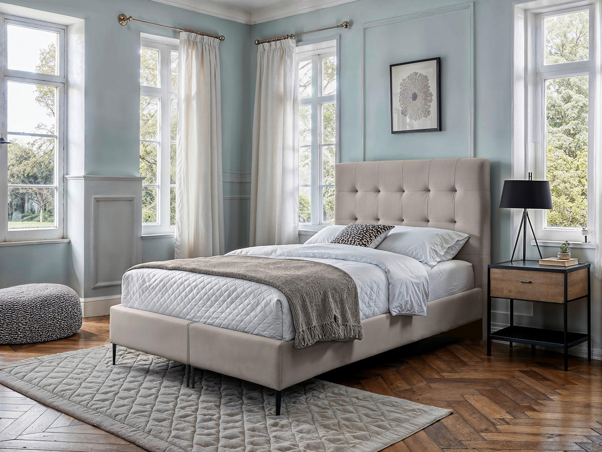 Boxspring, 140/200 cm, crem - crem/culoare natur, Modern, metal/textil (140/200cm) - MID.YOU