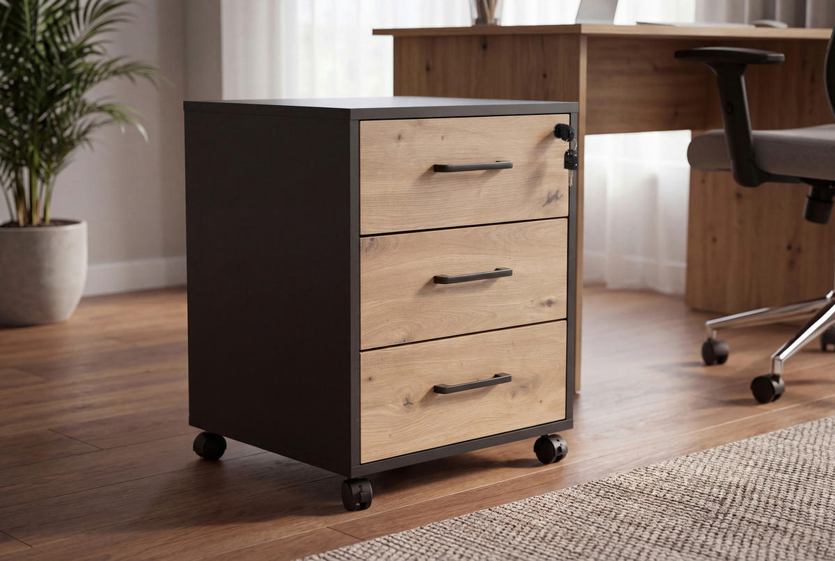 ROLLCONTAINER Schwarz, Eiche Artisan  - Schwarz/Eiche Artisan, MODERN, Holzwerkstoff/Kunststoff (43/56/42cm) - Livetastic
