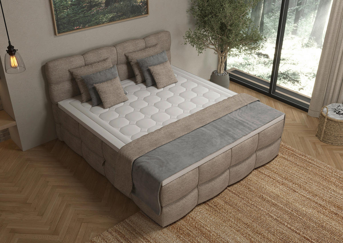 BOXSPRINGBETT 160/200 cm,  in Sandfarben, gepolstertes Kopfteil, Bettkasten, Topper, Matratzen, H3 + H3 = fest  - Sandfarben/Schwarz, Design, Kunststoff/Textil (160/200cm) - Chameo