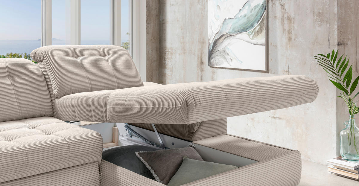 ECKSCHLAFSOFA in Cord Beige  - Beige/Schwarz, Modern, Textil/Metall (273/189cm) - Livetastic