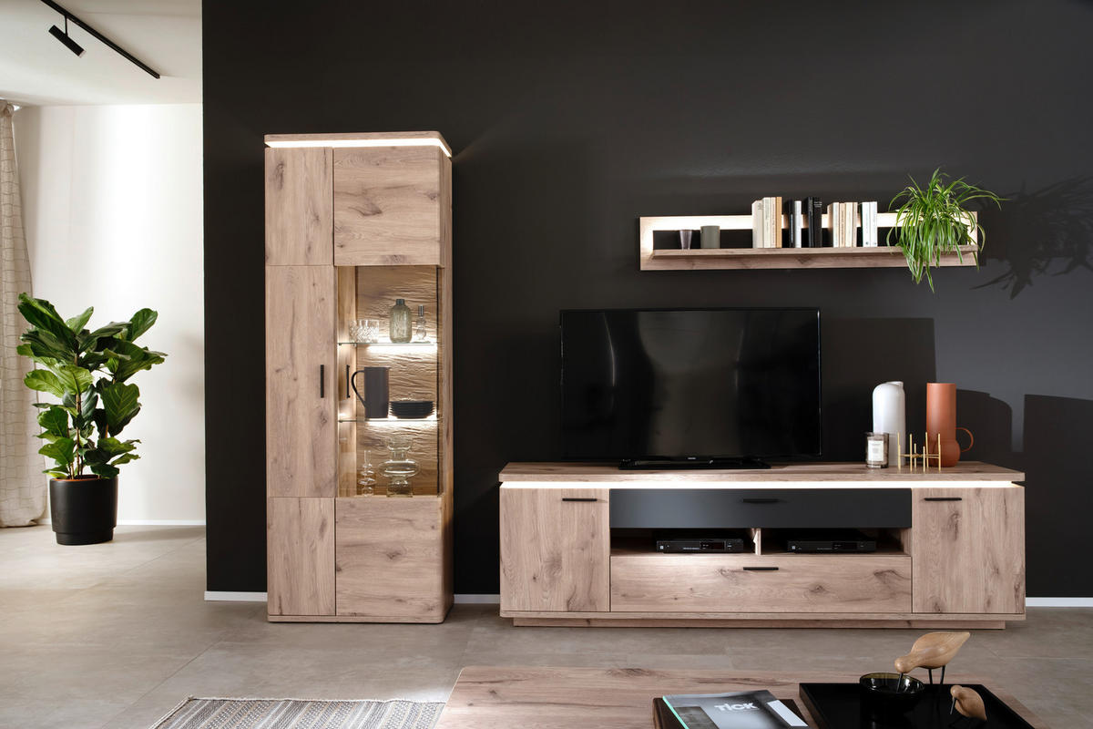 WOHNWAND 3-teilig  in Anthrazit, Eiche dunkel  295/208/50 cm  - Eiche dunkel/Anthrazit, KONVENTIONELL, Glas/Holzwerkstoff (295/208/50cm) - Cantus