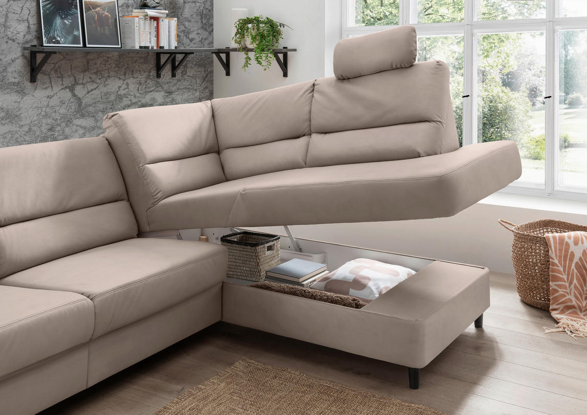 ECKSOFA in Lederlook Beige  - Beige/Schwarz, Modern, Holz/Textil (266/190cm) - Livetastic