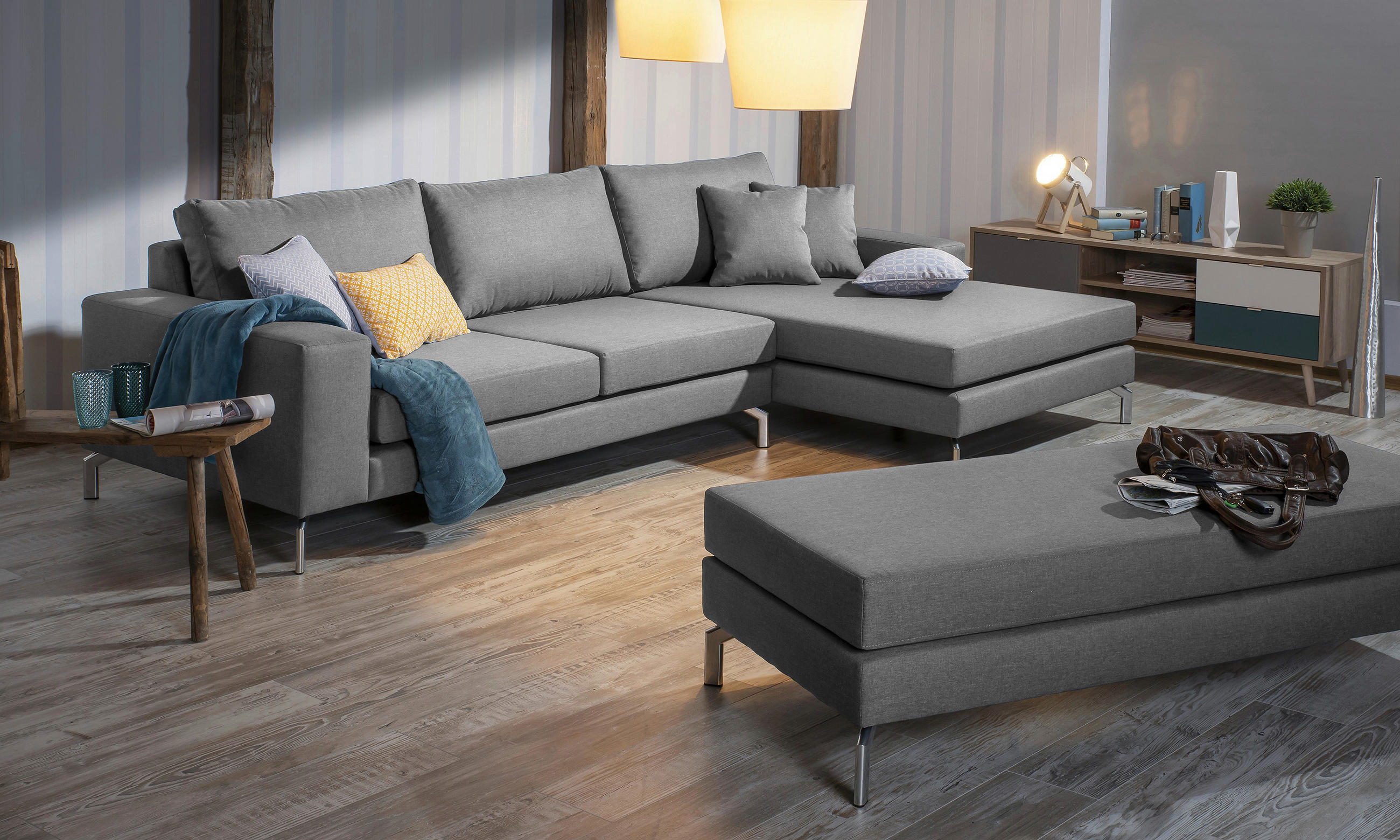 HOCKER Flachgewebe Hellgrau  - Silberfarben/Hellgrau, Design, Textil/Metall (155/45/67cm) - Max Winzer